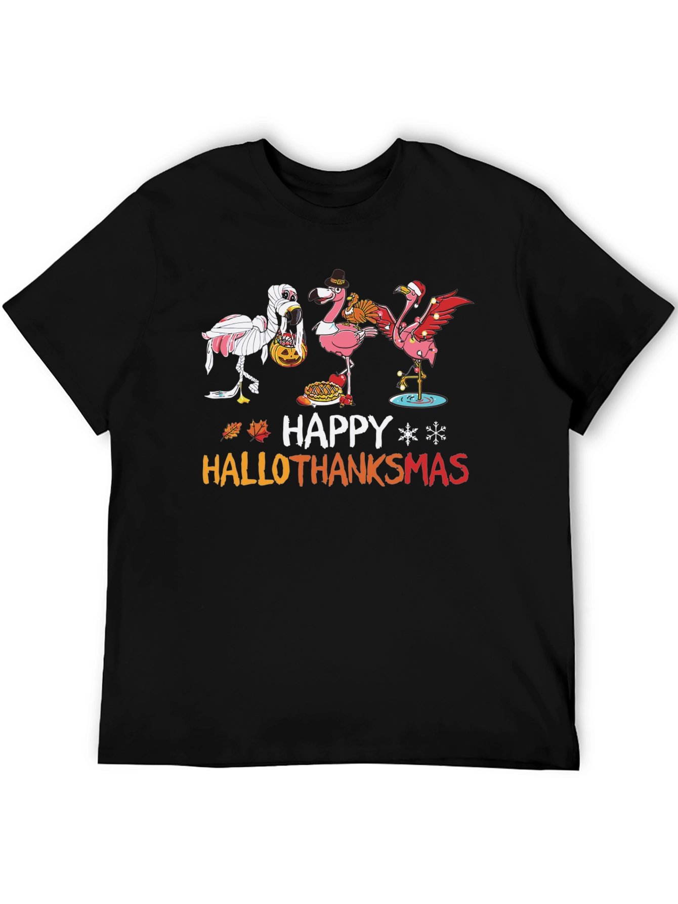 Black Happy Hallothanksmas Flamingo T-Shirt view 5