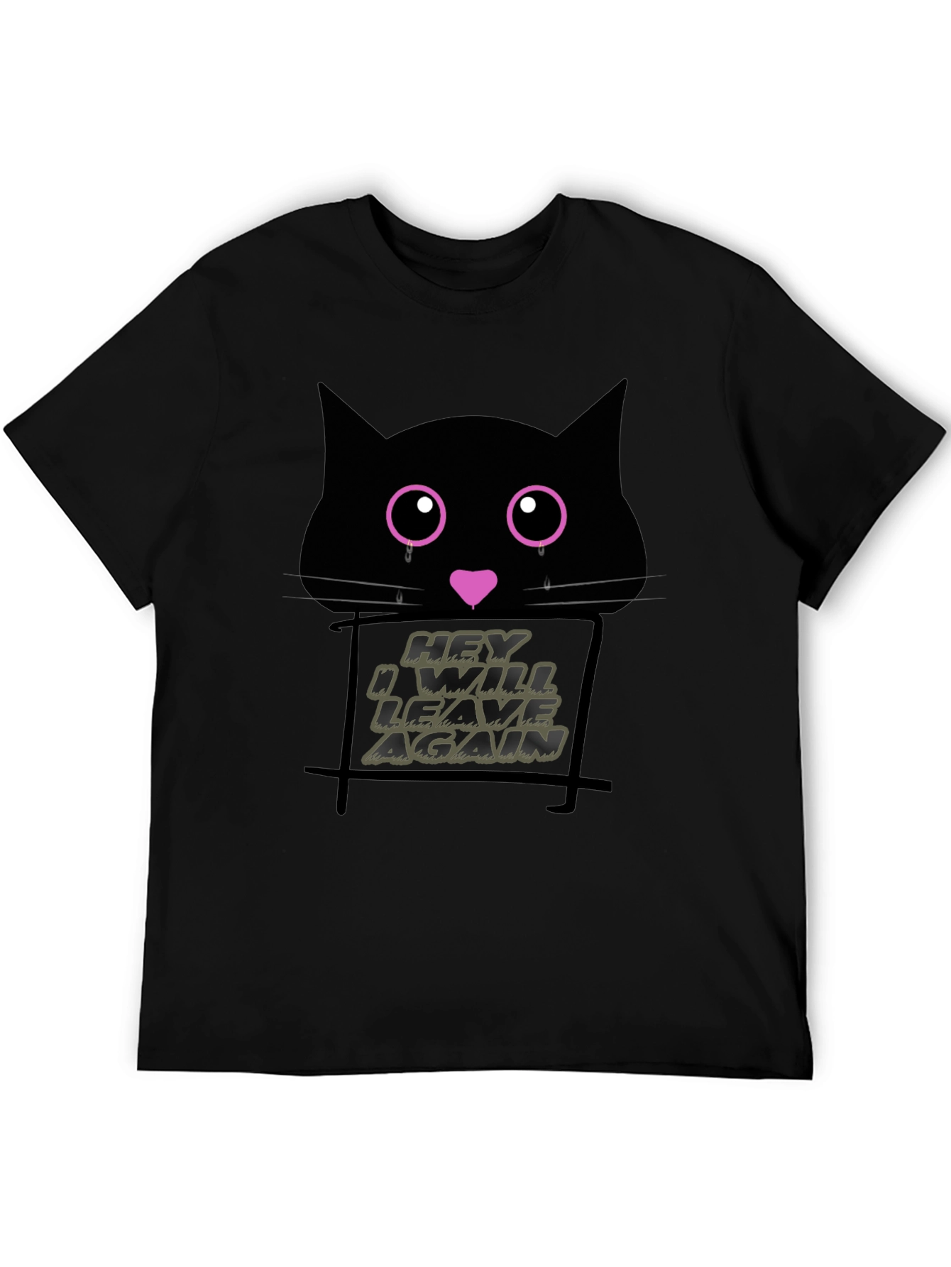 Black Crying Cat Graphic Print Tee - 'Hey I Will Leave Again' view 5