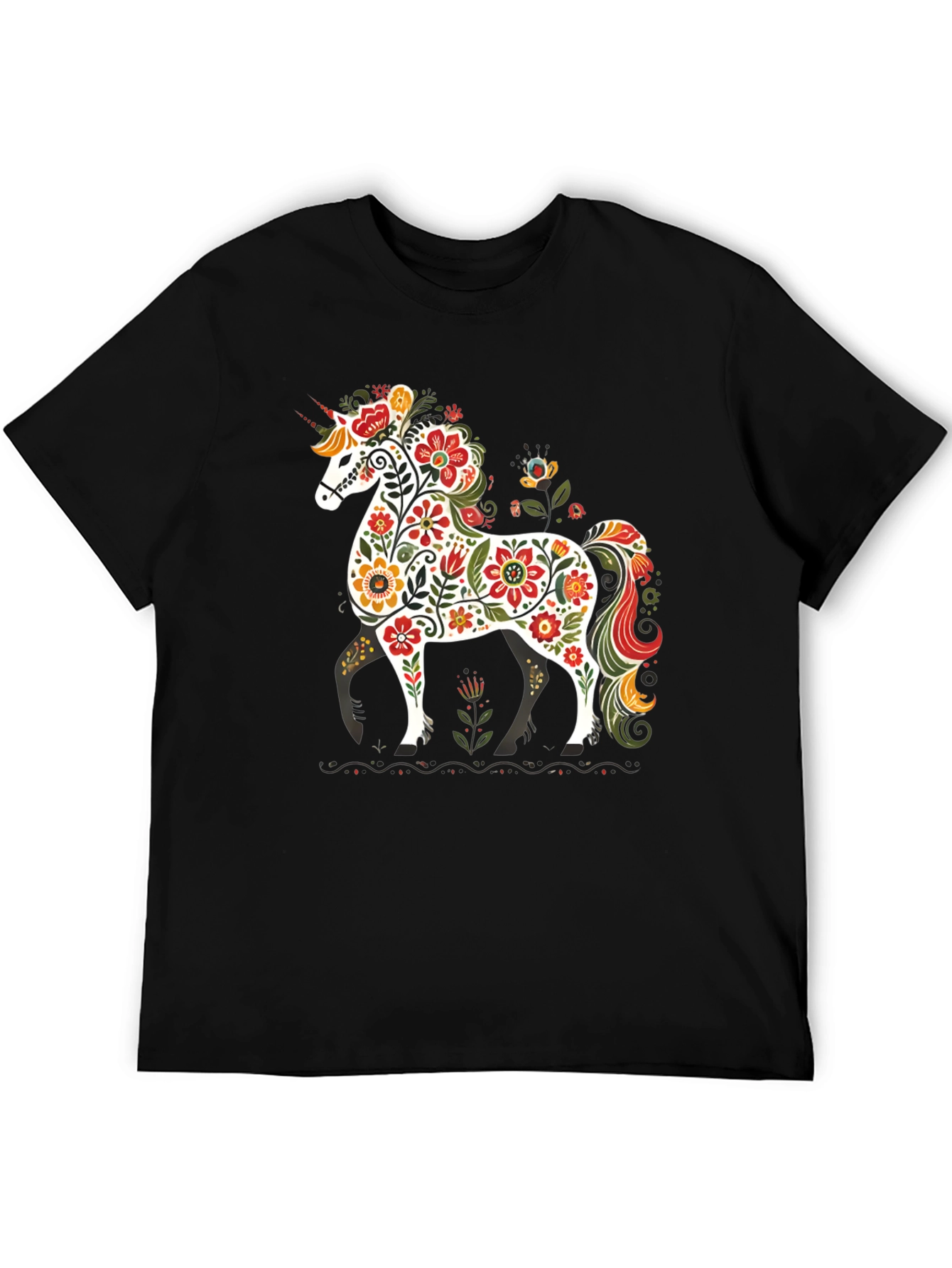 Black Floral Unicorn Graphic Tee - Black Unisex T-Shirt view 5