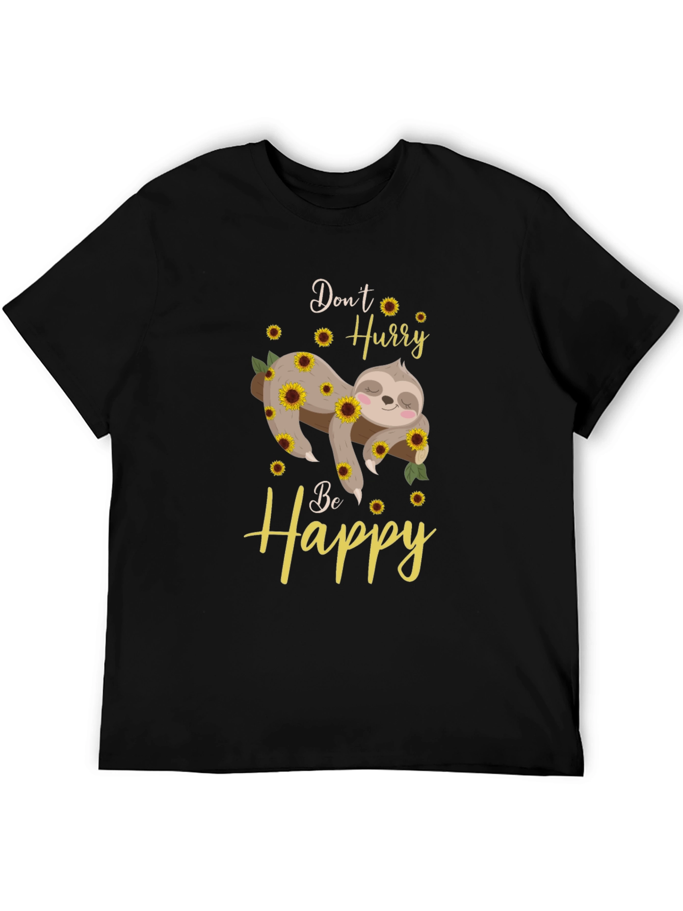 Black Don't Hurry Be Happy Sloth Sunflower Graphic T-Shirt view 5