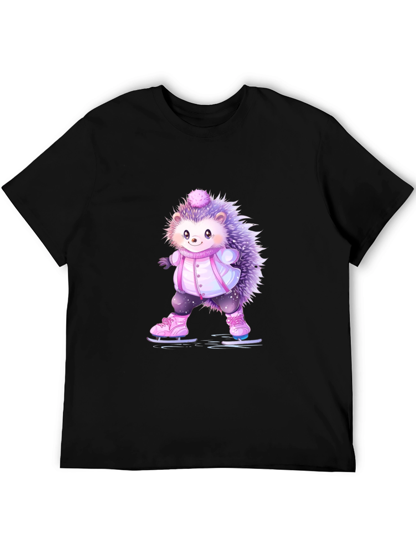 Black Cute Hedgehog Ice Skating T-Shirt view 5