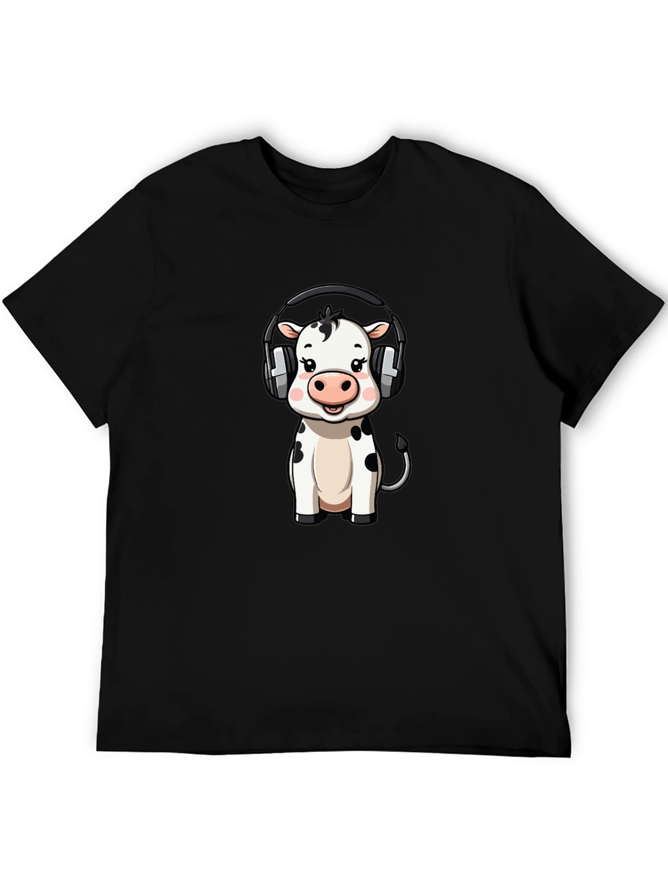 Black Cute Cow with Headphones Graphic Tee - Black Cotton view 5