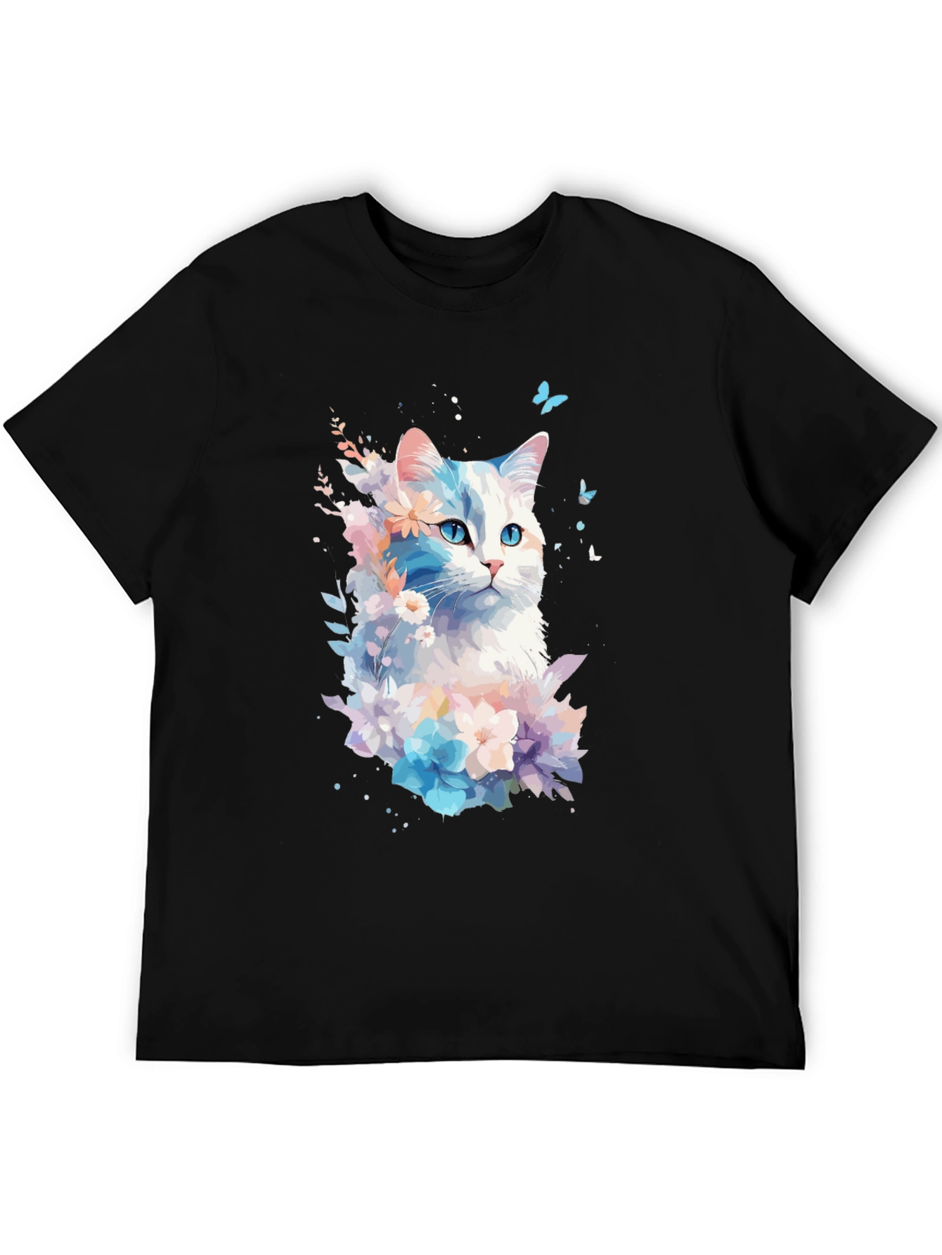 Black Floral Cat Graphic Black T-Shirt view 5