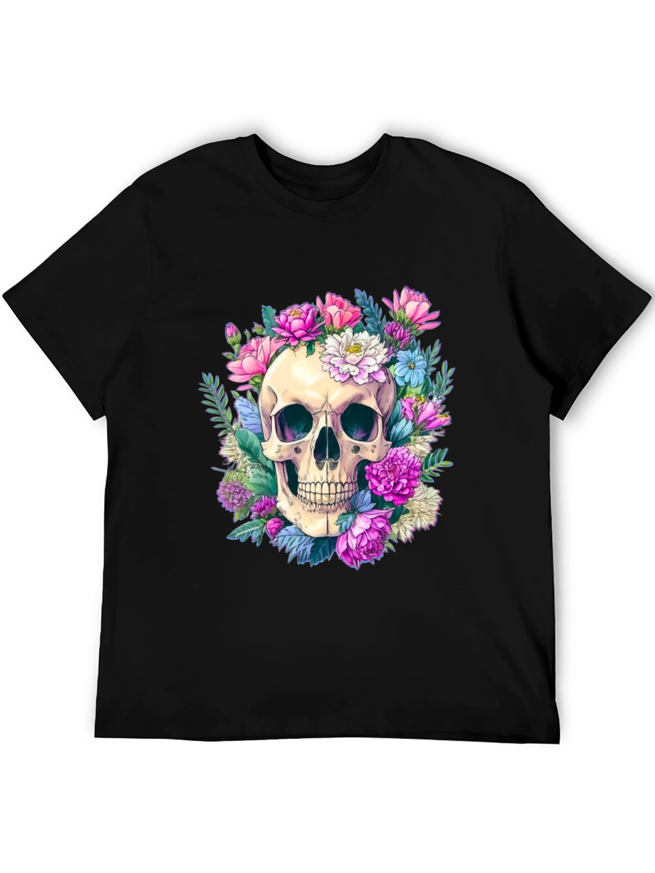 Black Floral Skull Graphic Tee - Men's Black T-Shirt view 5
