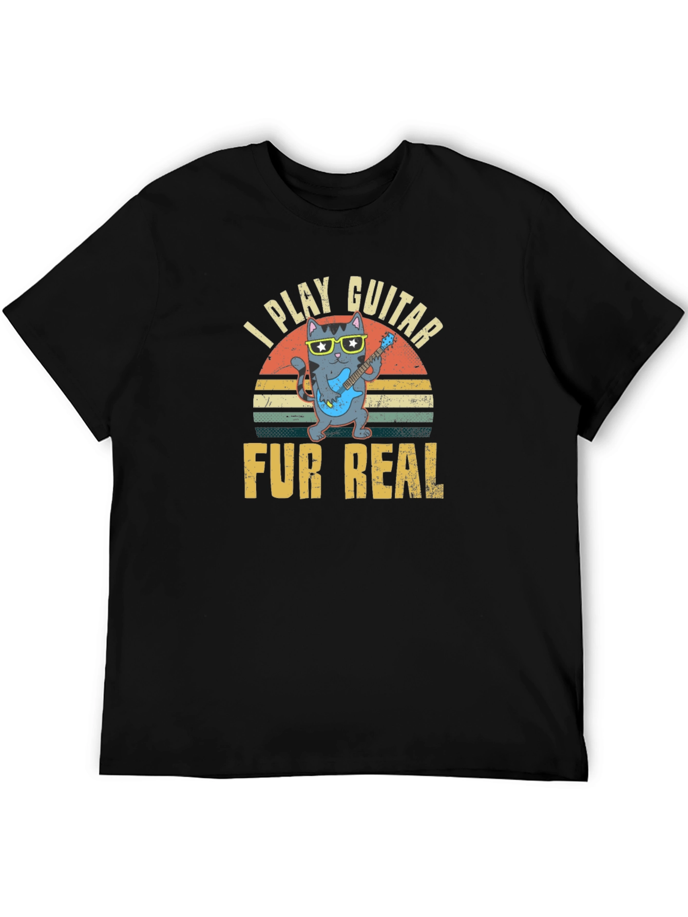 Black I Play Guitar Fur Real T-Shirt - Cool Cat Design view 5