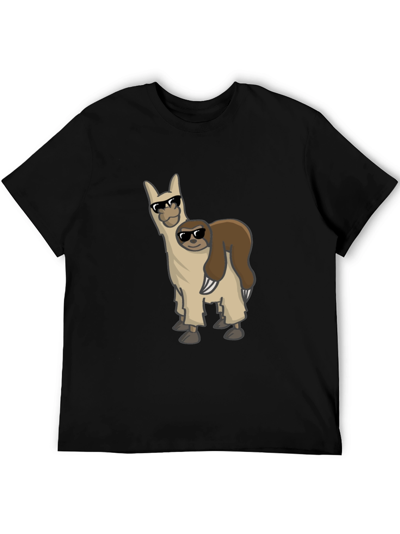 Black Cool Llama & Sloth Graphic Tee - Black Cotton Shirt view 5