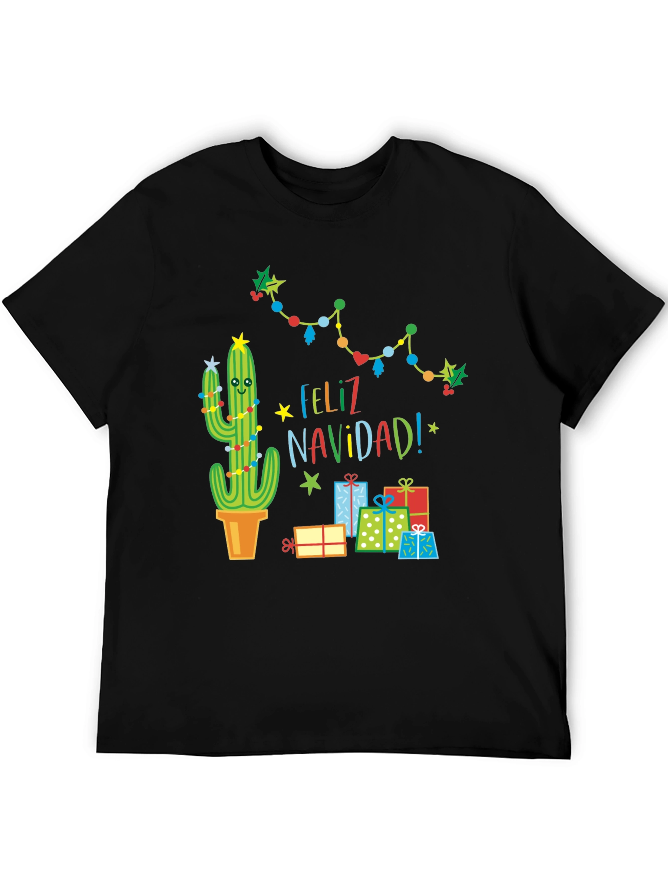 Black Feliz Navidad Cactus T-Shirt - Holiday Gift view 5
