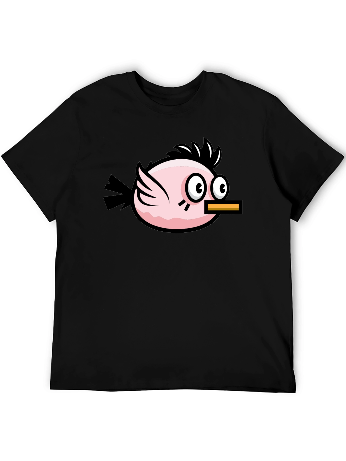 Black Funny Pink Bird Graphic Tee - Black Cotton T-Shirt view 5