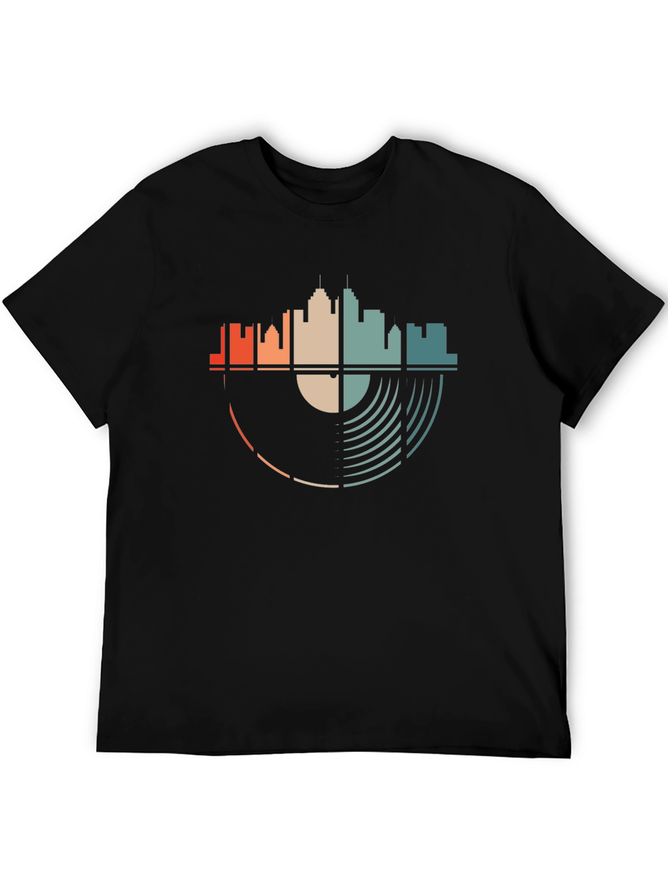 Black Retro Skyline Vinyl Record Graphic T-Shirt view 5