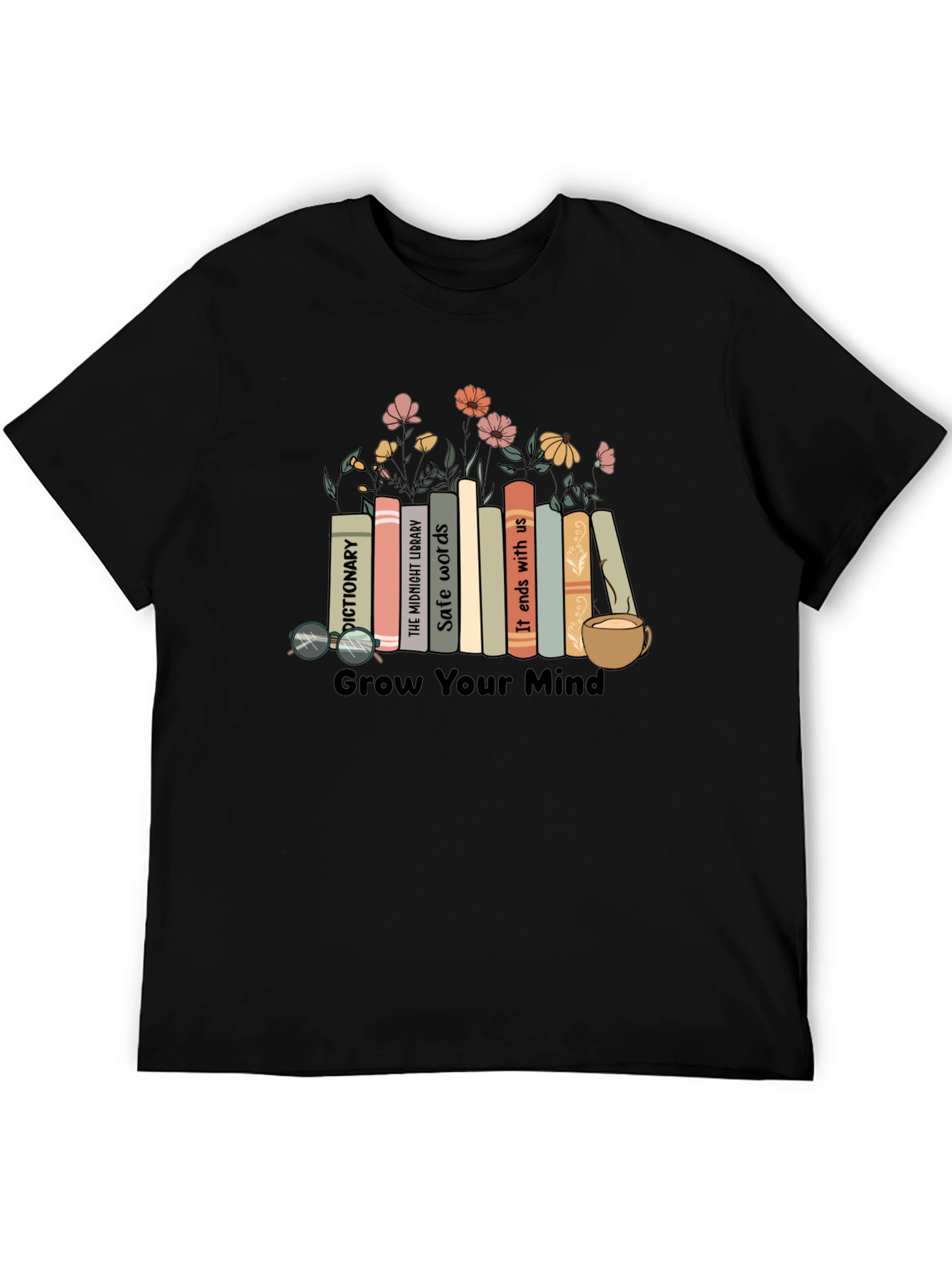 Black Grow Your Mind Bookshelf T-Shirt view 5