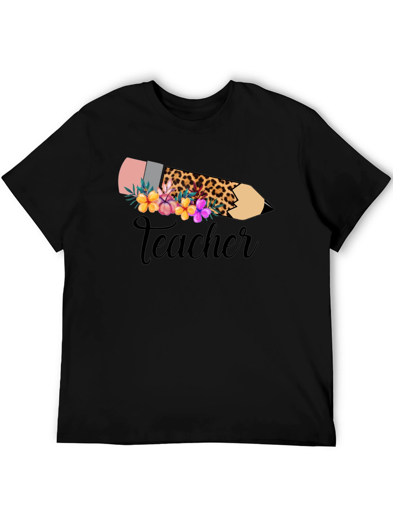 Black Floral Teacher Pencil Graphic Tee - Black view 5