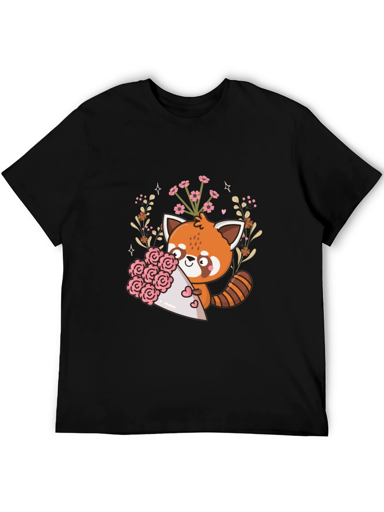 Black Cute Red Panda Floral Bouquet Graphic Tee view 5