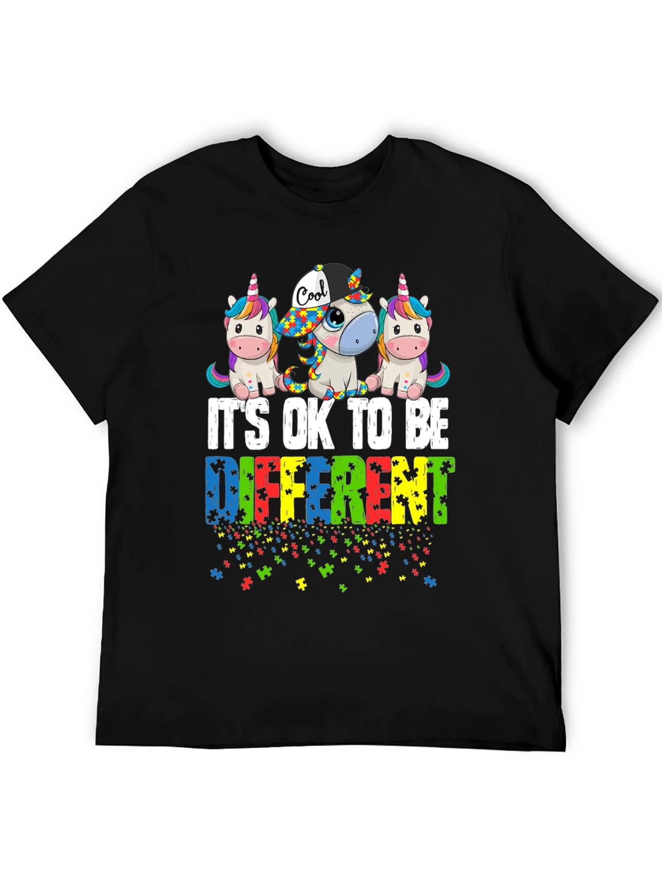 Black Autism Awareness Unicorn T-Shirt - It's OK To Be Different view 5