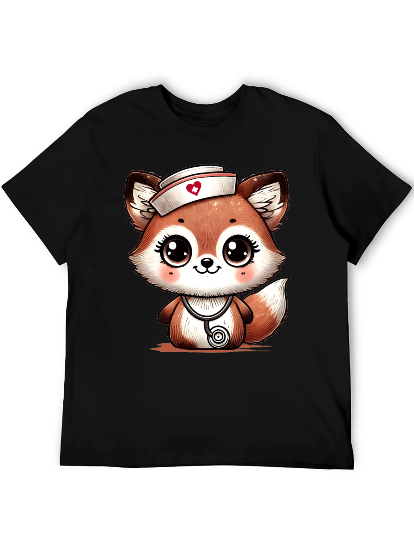 Black Cute Fox Nurse T-Shirt - Cartoon Animal Tee view 5