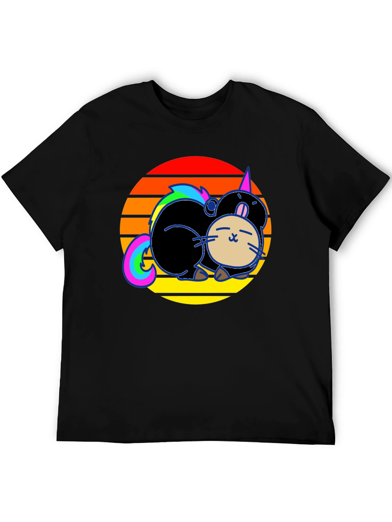 Black Cute Cartoon Unicorn Cat Sunset Graphic T-Shirt view 5