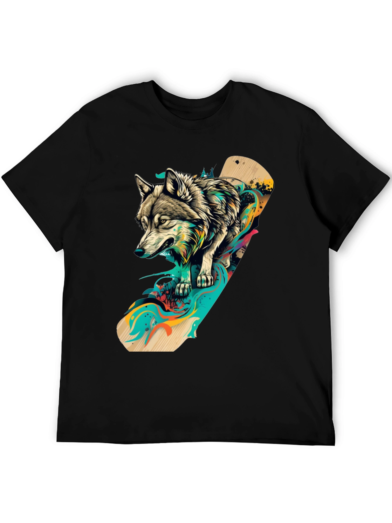 Black Wolf Skateboard Graphic Black T-Shirt view 5