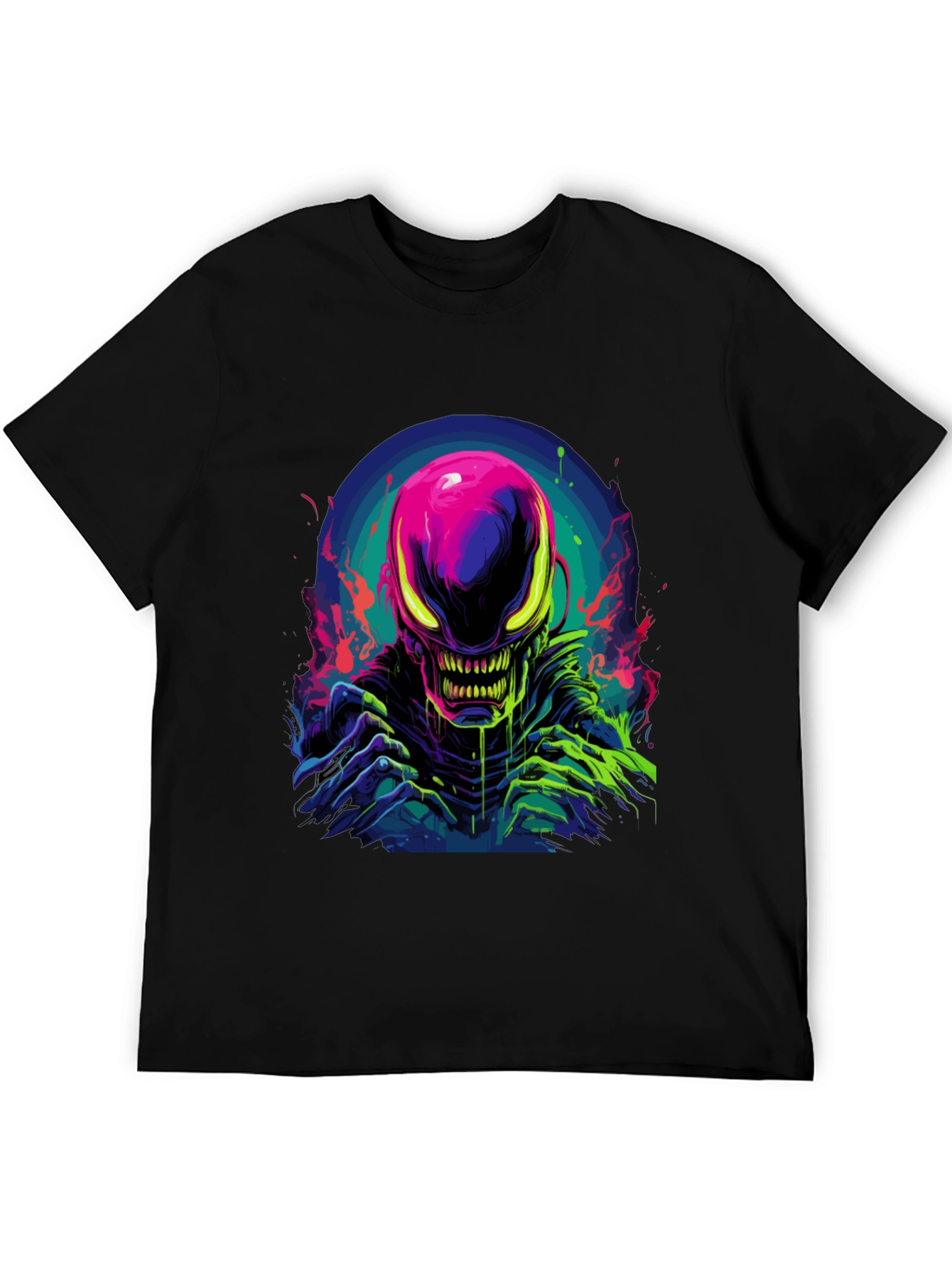 Black Neon Alien Graphic Black T-Shirt view 5