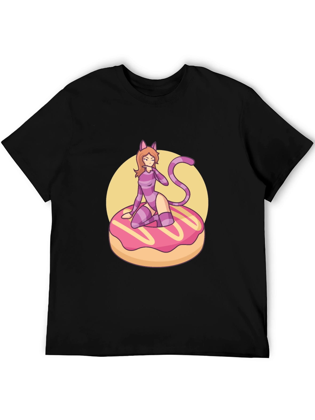 Black Black T-Shirt with Cat Girl on Donut Design view 5