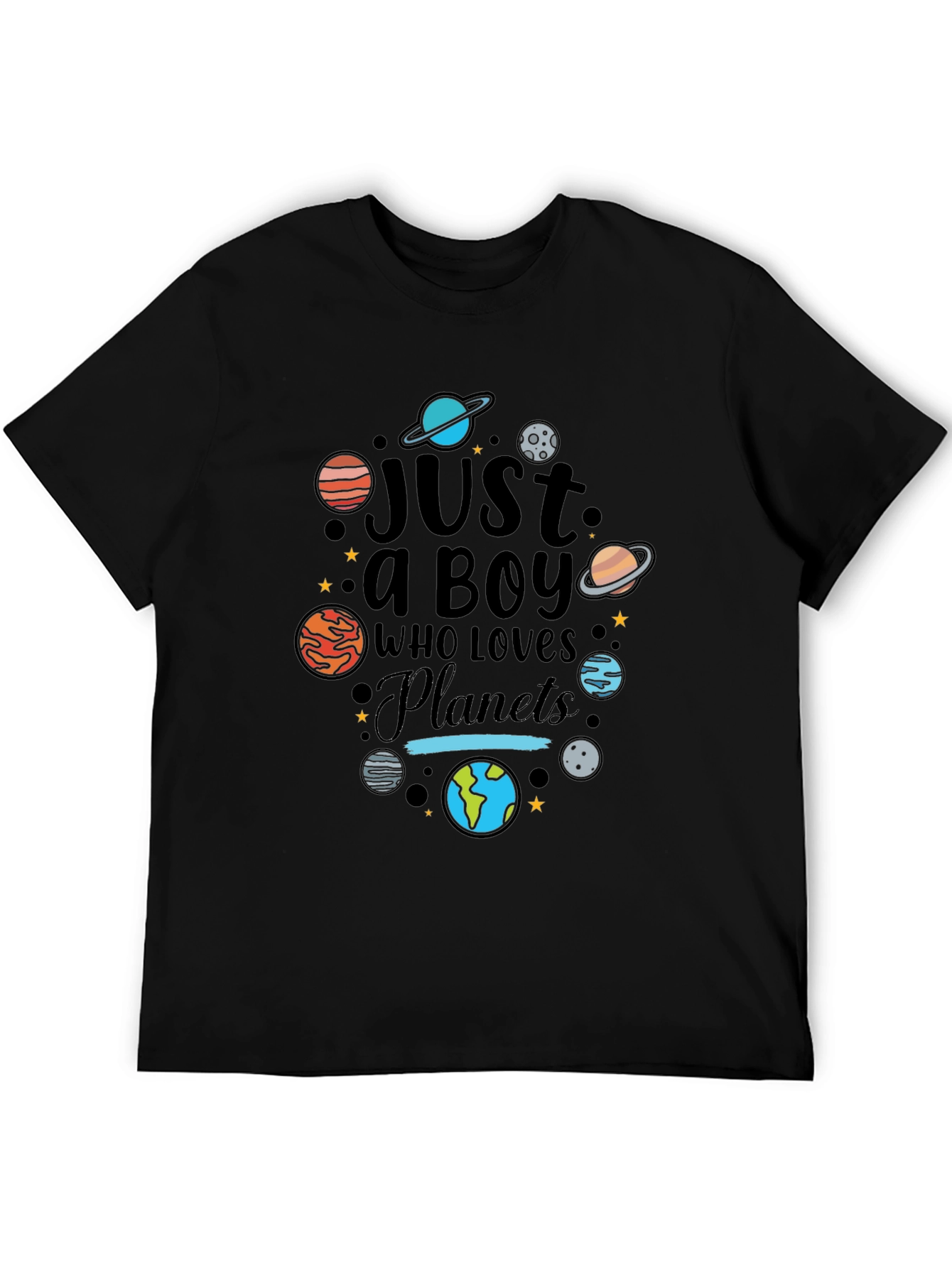 Black Just a Boy Who Loves Planets Graphic T-Shirt view 5