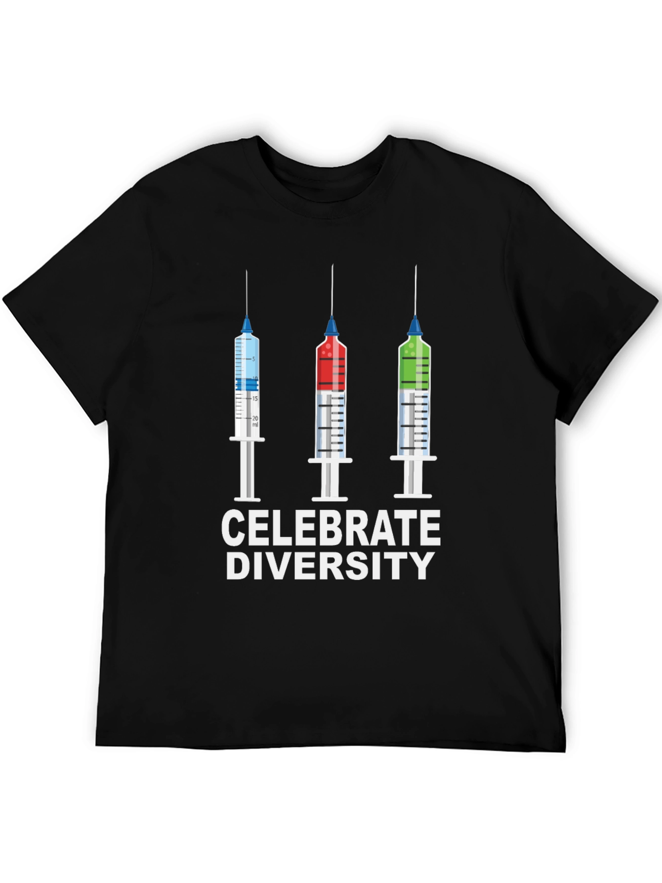 Black Celebrate Diversity T-Shirt - Colorful Syringe Design view 5
