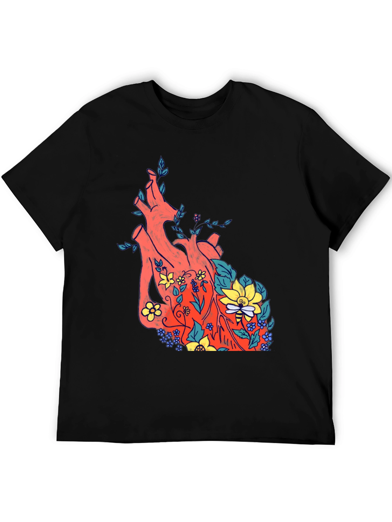 Black Floral Heart Print Black T-Shirt view 5