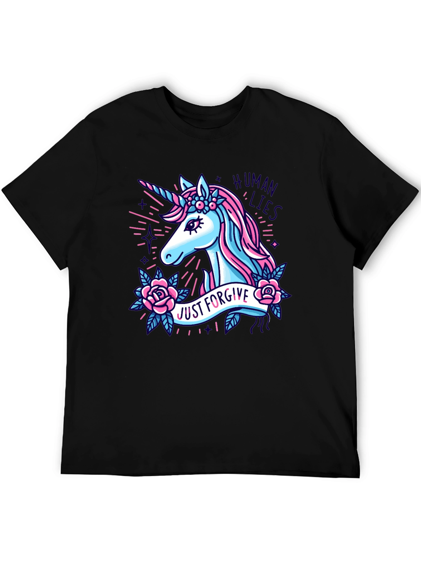 Black Unicorn Graphic T-Shirt - "Just Forgive Human Lies" view 5