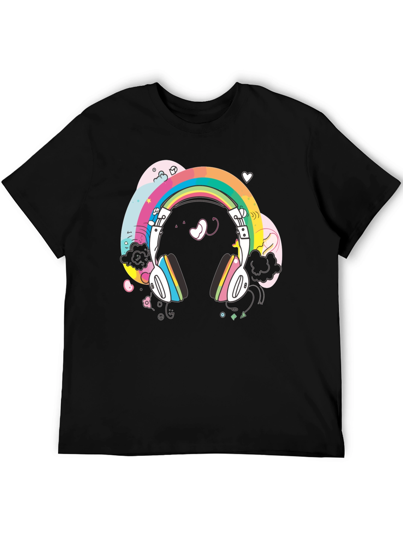Black Rainbow Headphones Graphic Tee - Black Cotton T-Shirt view 5