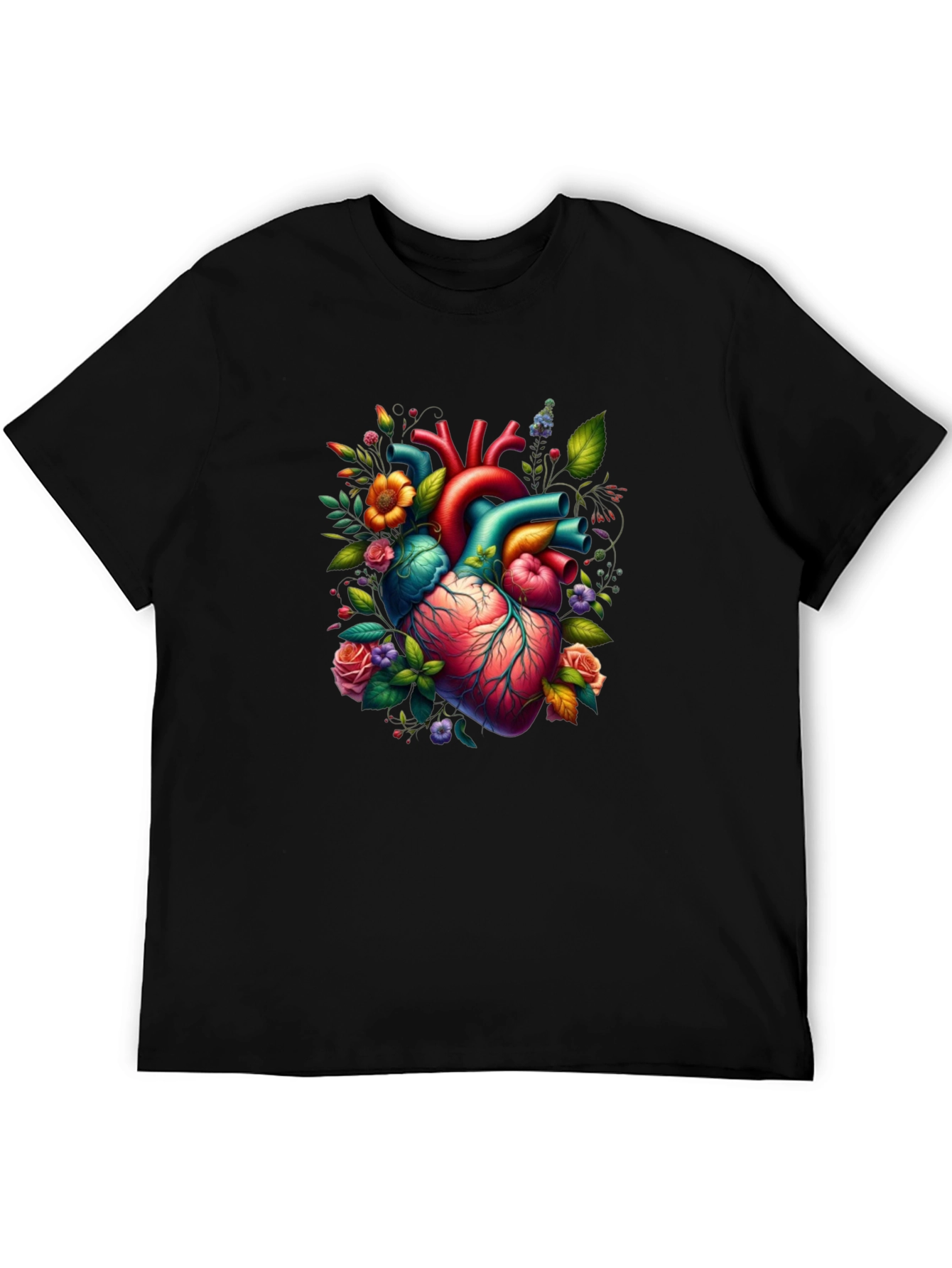 Black Anatomical Heart Floral Graphic T-Shirt view 5