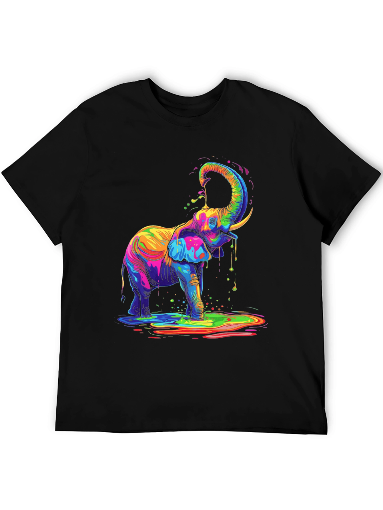 Black Colorful Elephant Graphic Tee - Black Cotton T-Shirt view 5