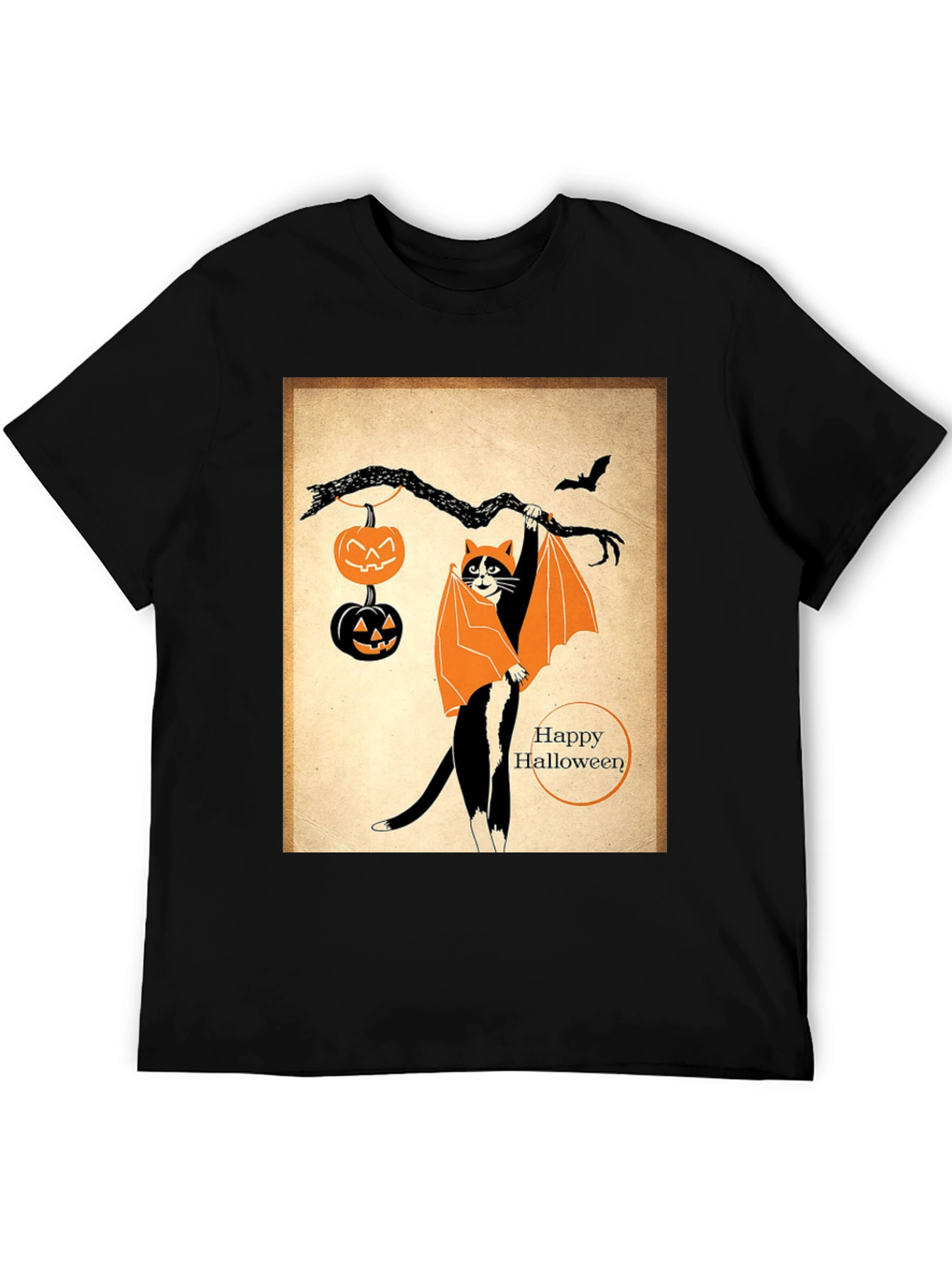 Black Halloween Cat T-Shirt Bat Costume Pumpkins view 5