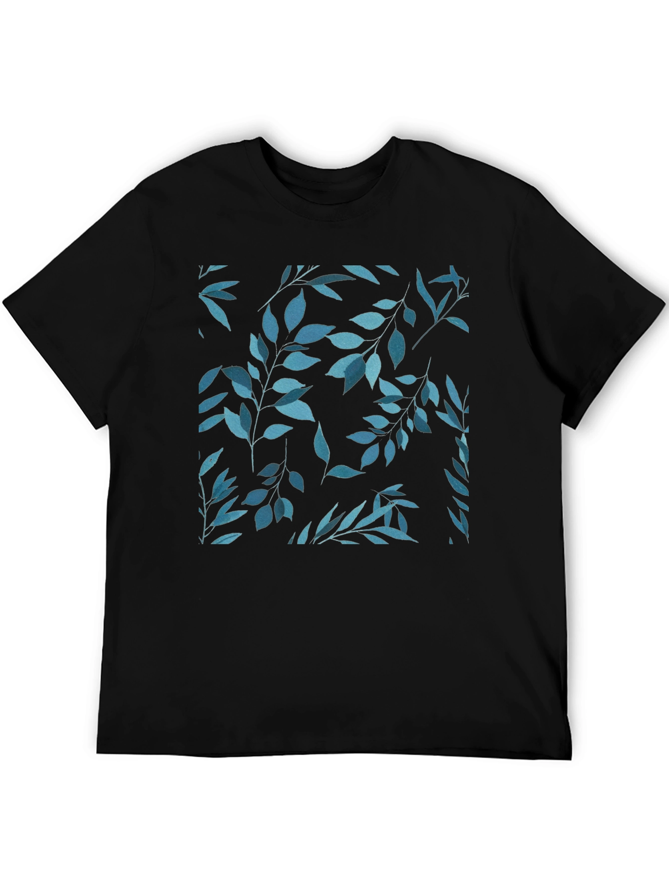 Black Blue Leaf Print Black T-Shirt view 5