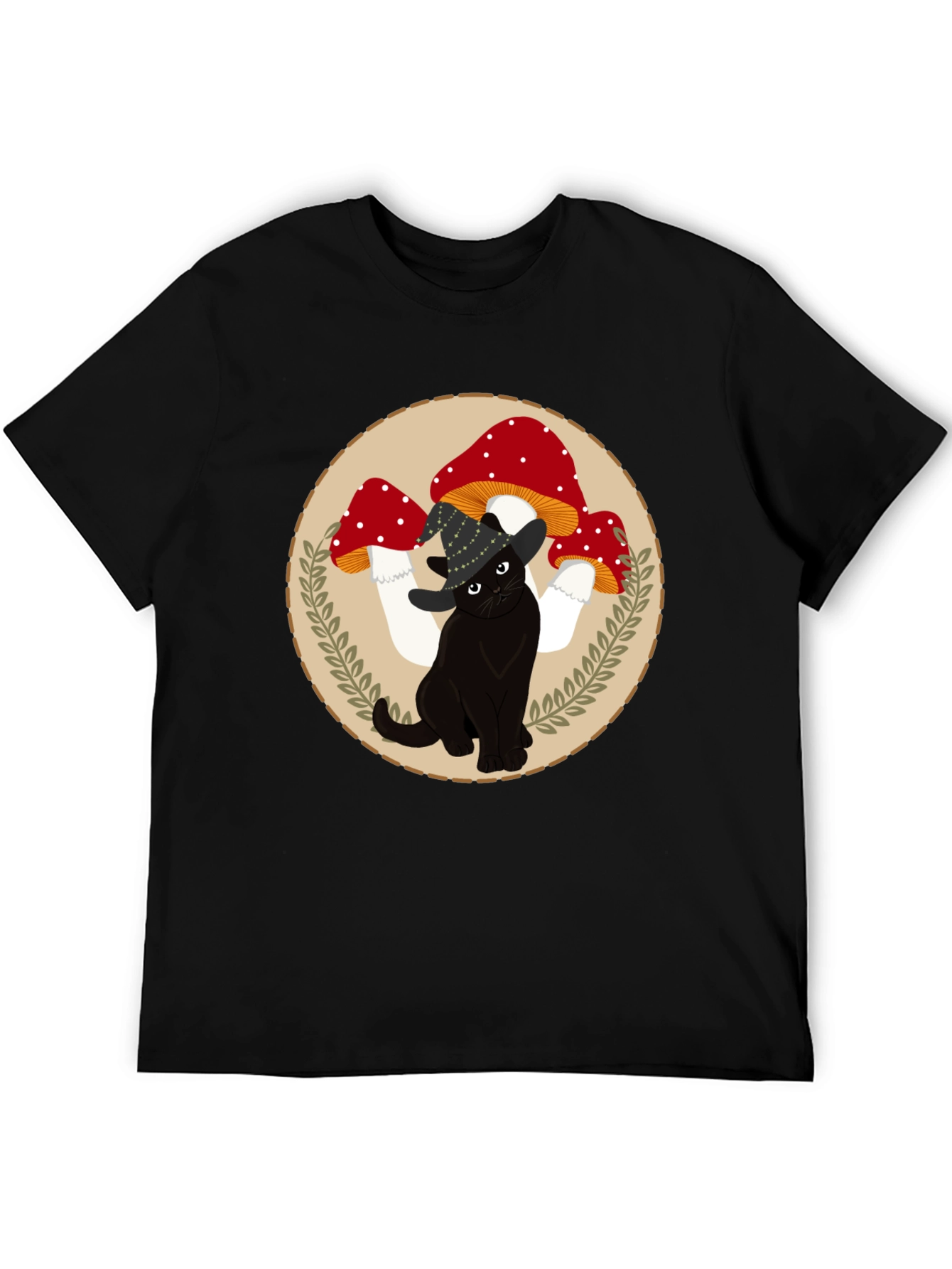 Black Black Cat & Mushroom T-Shirt - Whimsical Graphic Tee view 5