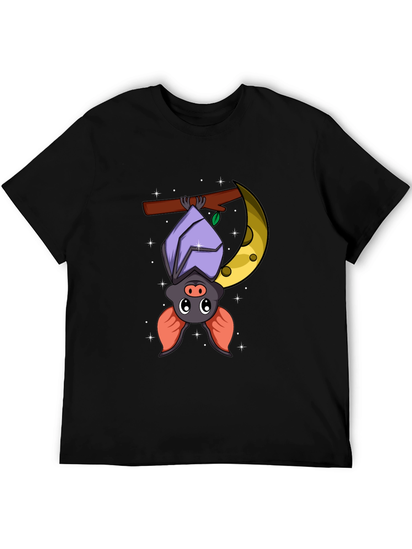 Black Cute Bat on Moon Graphic Tee - Black Cotton T-Shirt view 5