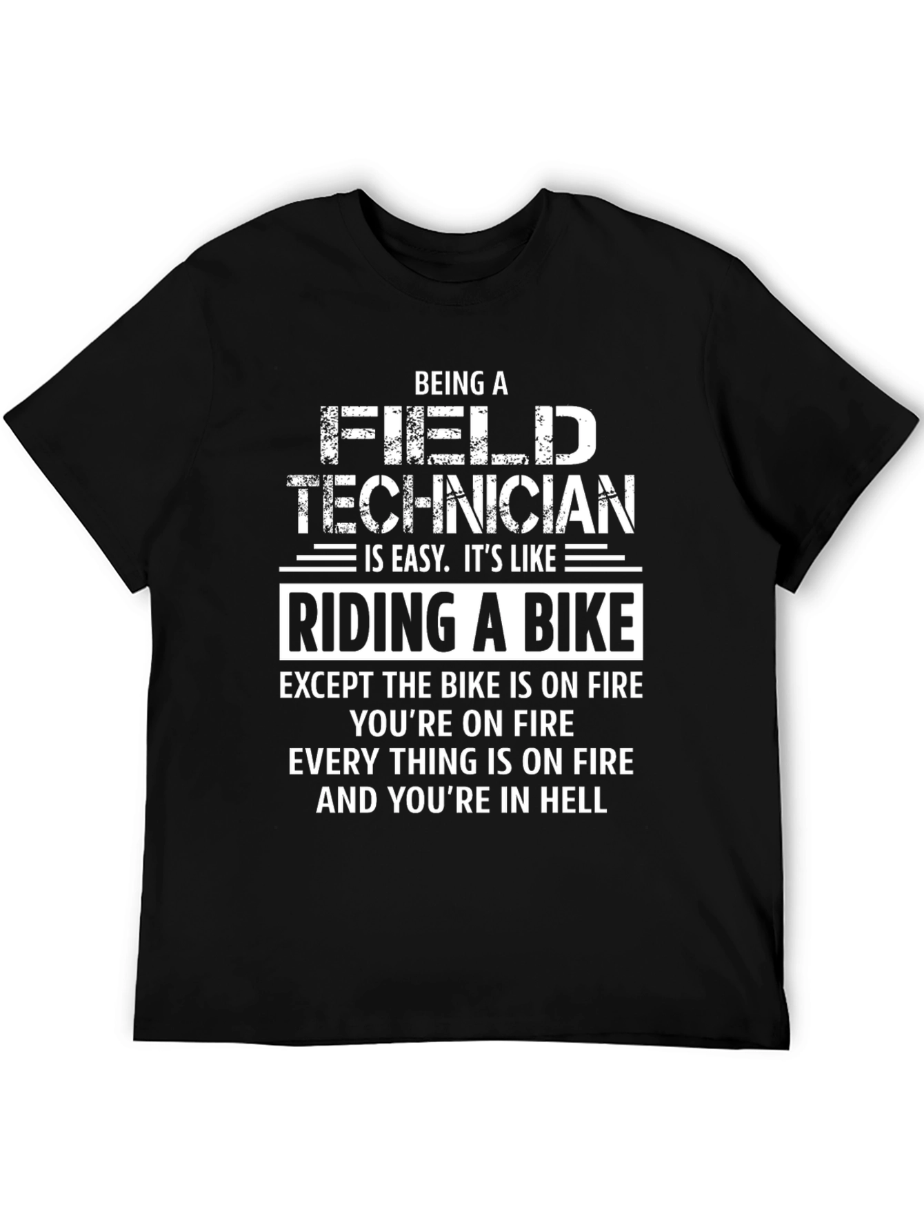 Black Funny Field Technician T-Shirt: Riding a Bike in Hell view 5