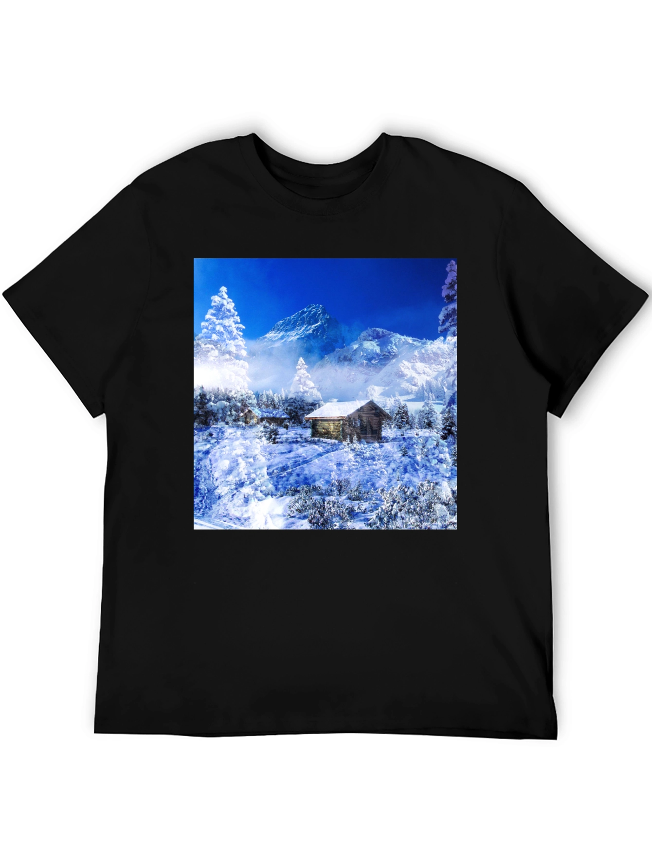 Black Winter Cabin T-Shirt: Mountain Scenery Tee view 5