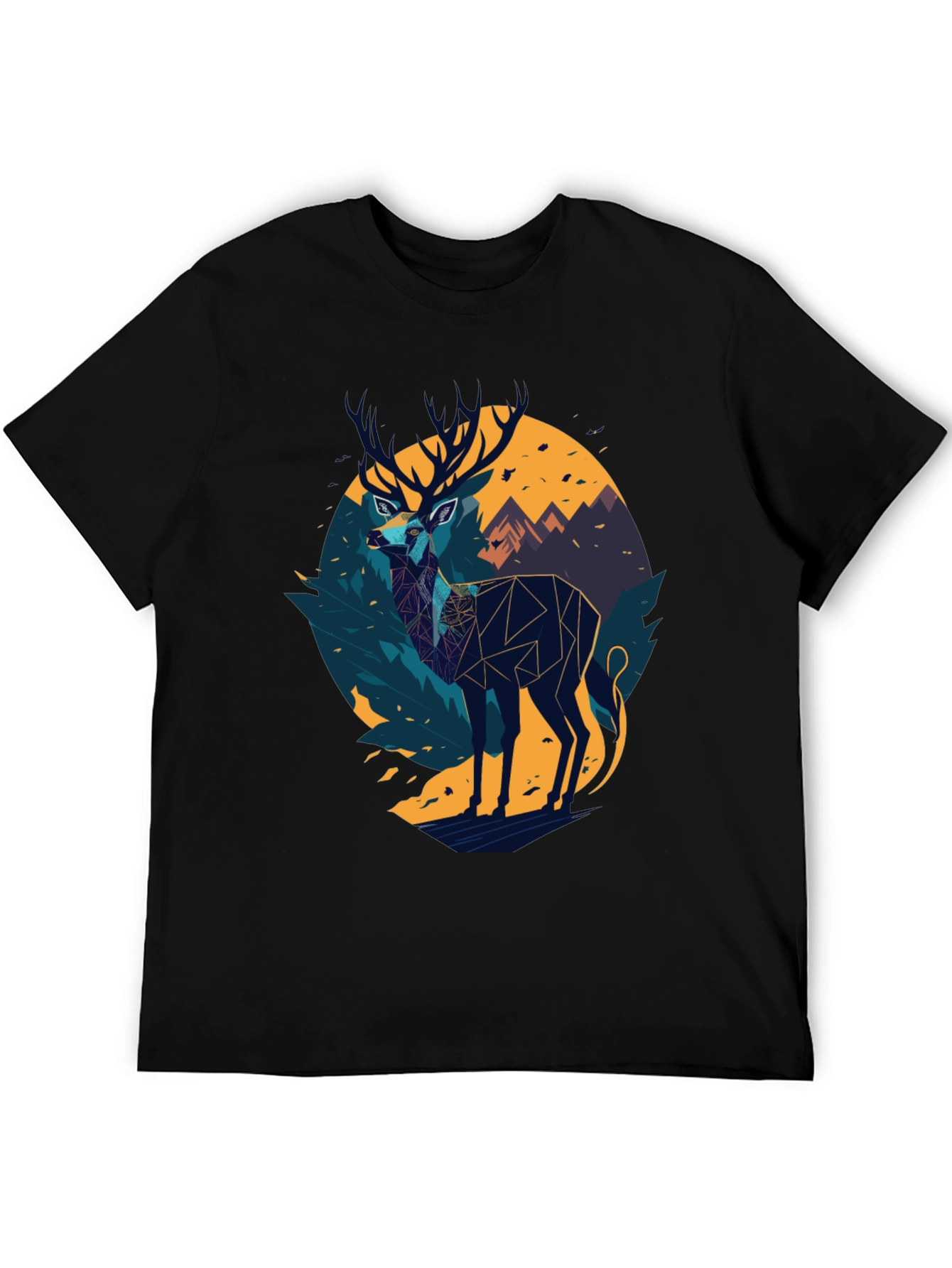 Black Geometric Deer Graphic Black T-Shirt view 5