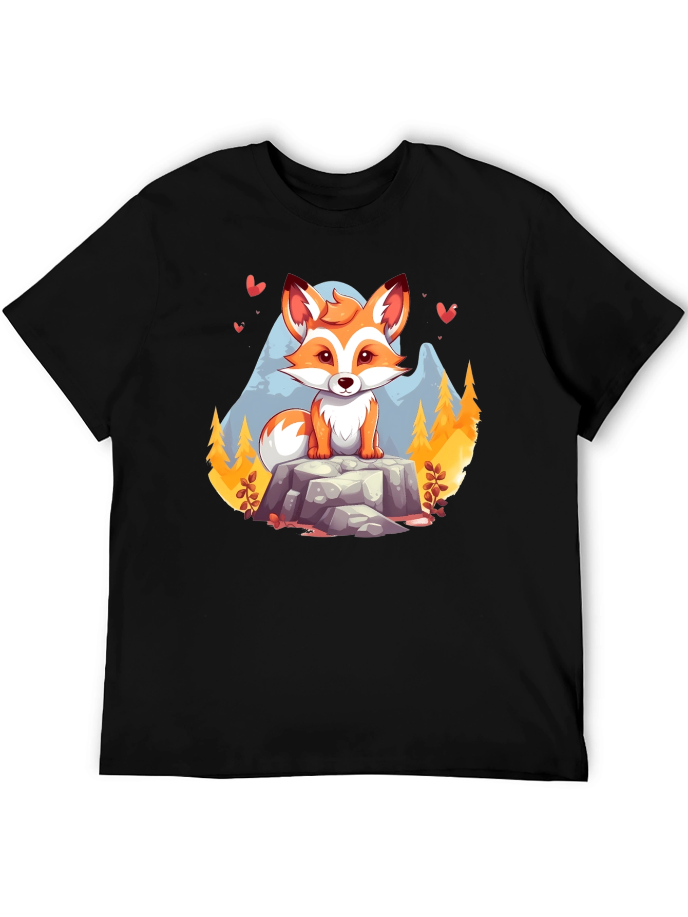 Black Cute Cartoon Fox on Rock Graphic Tee - Unisex Black T-Shirt view 5