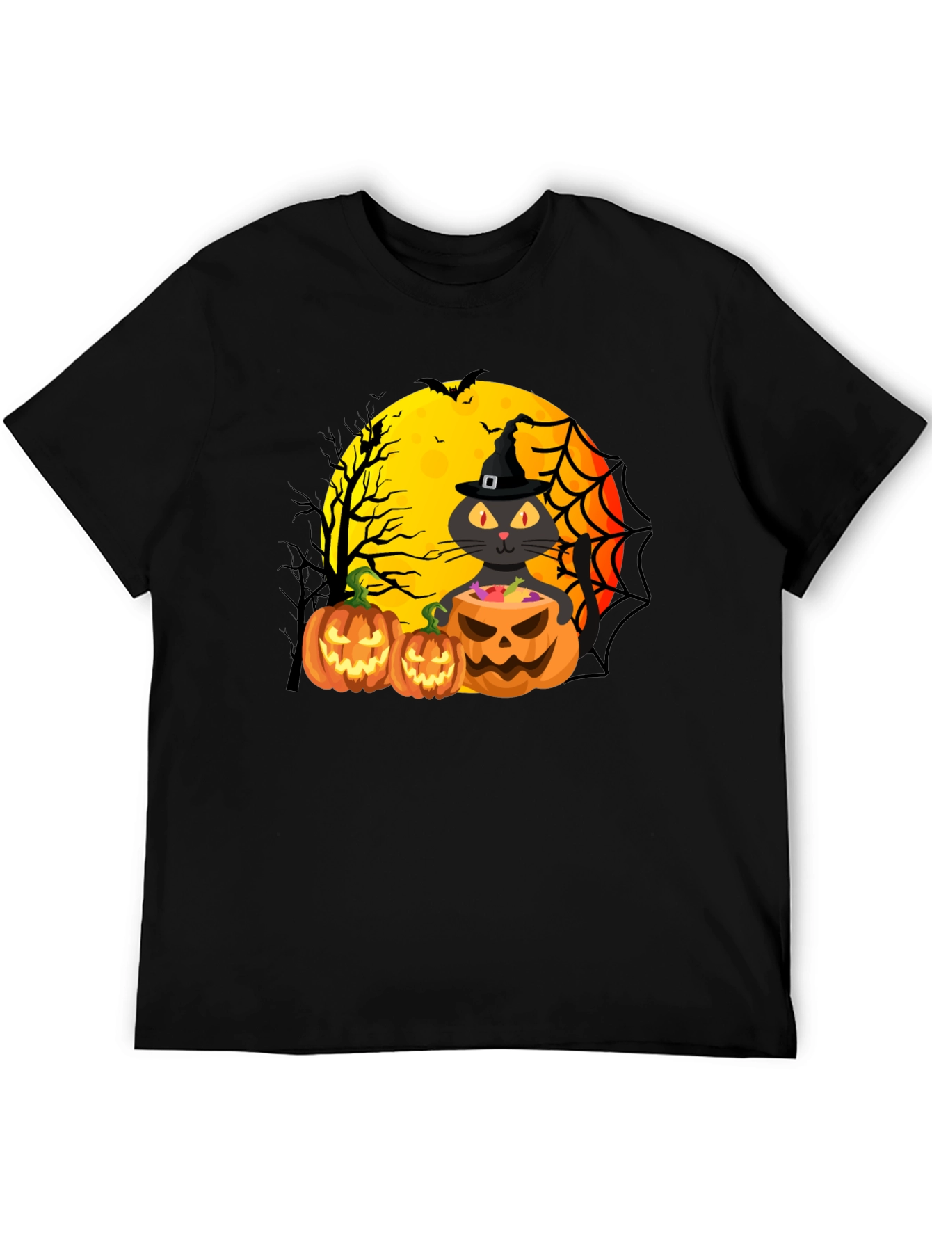 Black Halloween Cat & Pumpkins Black T-Shirt view 5