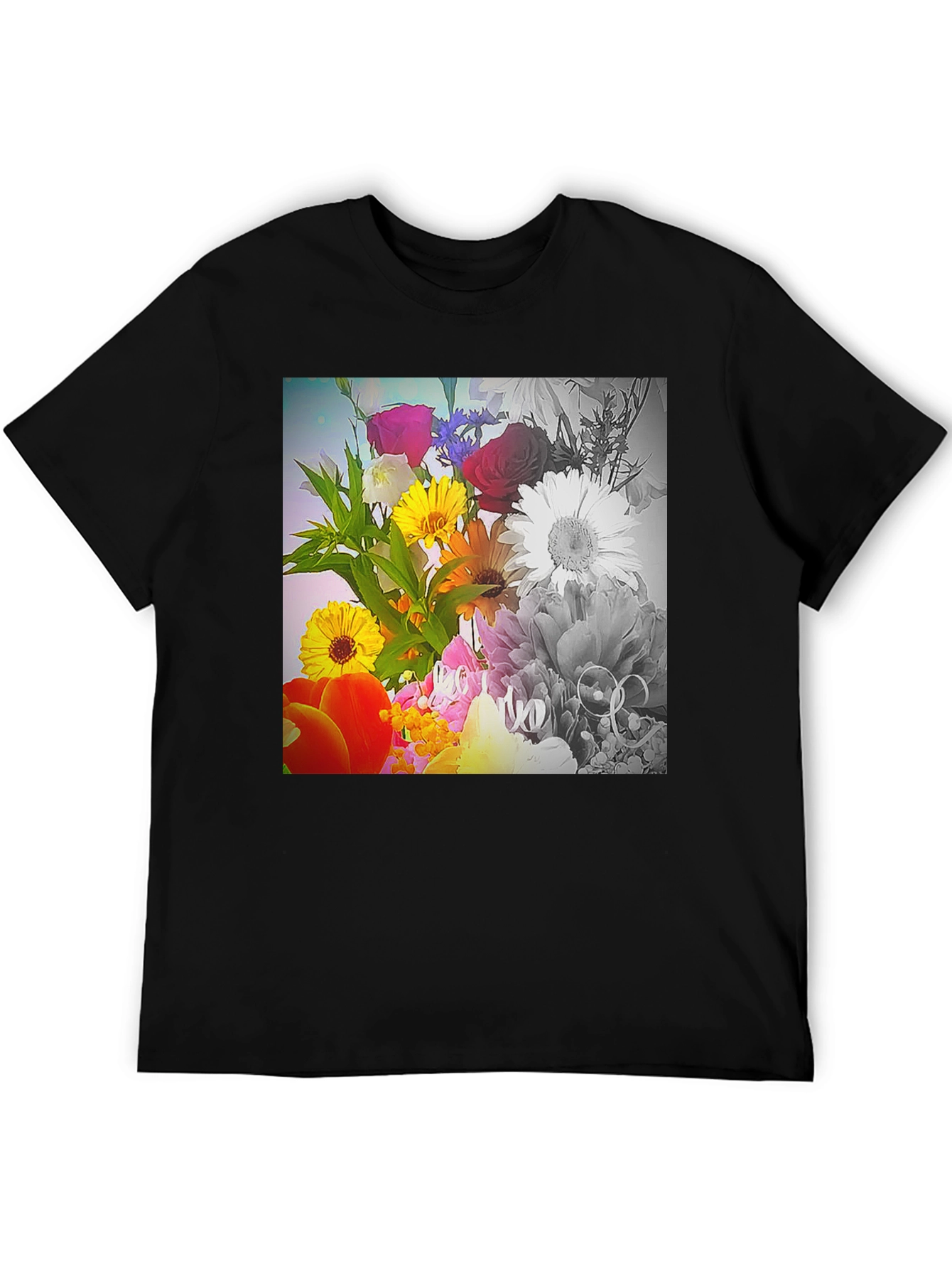 Black Floral Bouquet Graphic T-Shirt - Vivid Print Tee view 5