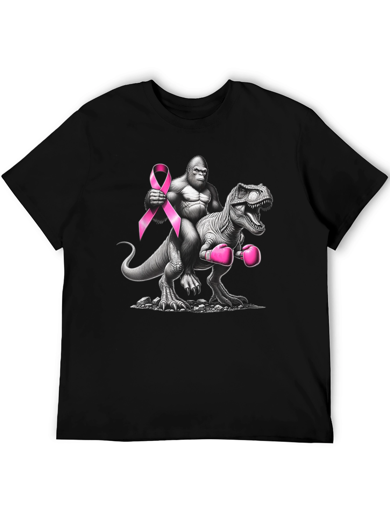 Black Gorilla Riding Dino Breast Cancer Awareness T-Shirt view 5