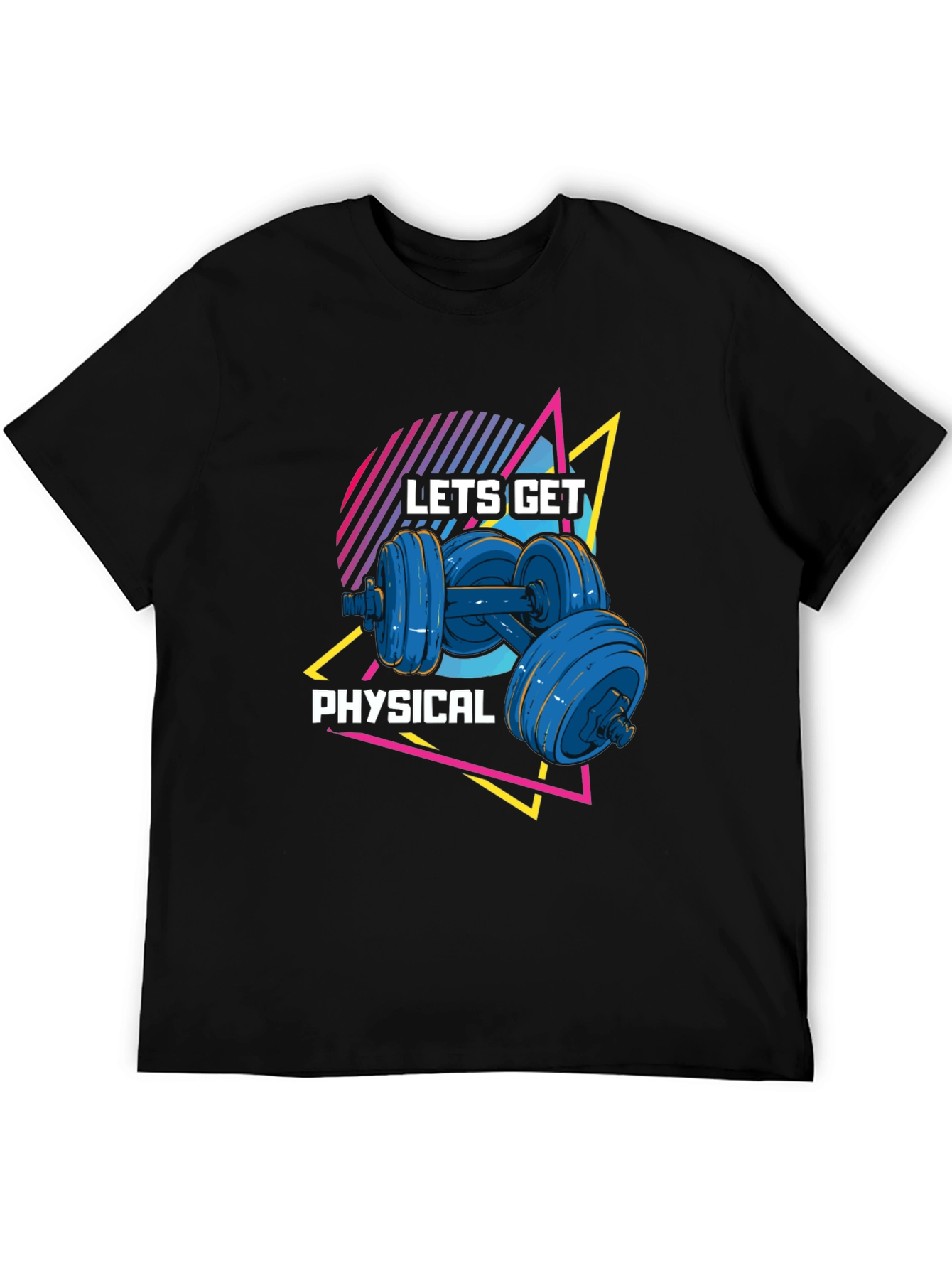 Black Lets Get Physical Black T-Shirt Retro Dumbbell Design view 5