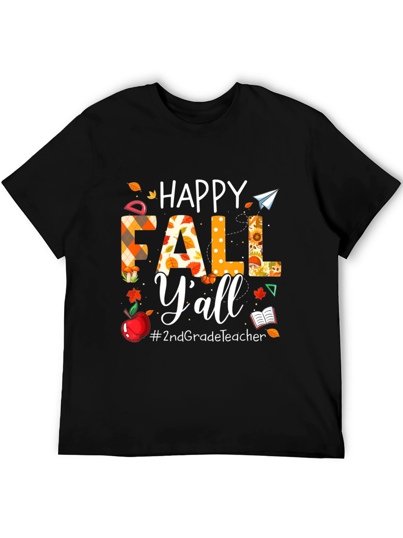 Black Happy Fall Y'all Teacher T-Shirt view 5