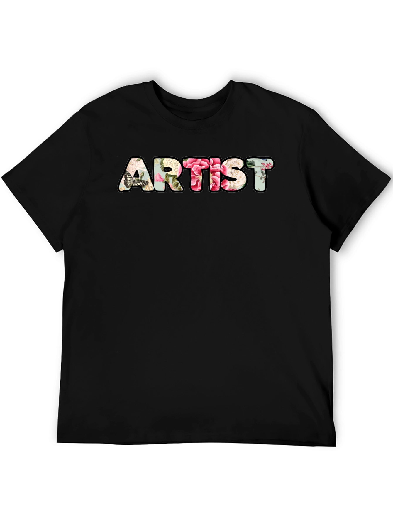 Black Floral Artist T-Shirt - Black Crew Neck Tee view 5
