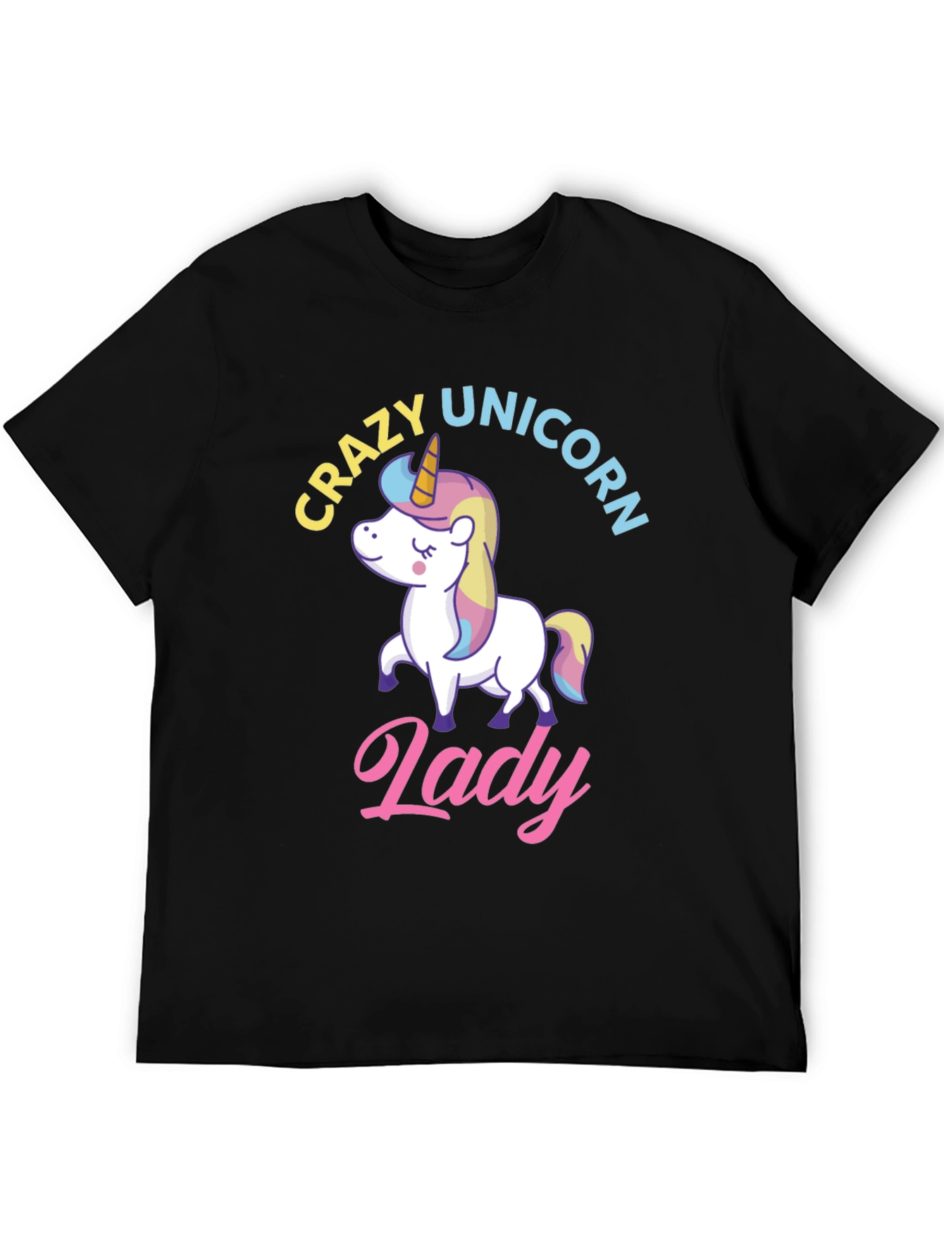 Black Crazy Unicorn Lady T-Shirt - Fun Graphic Tee view 5