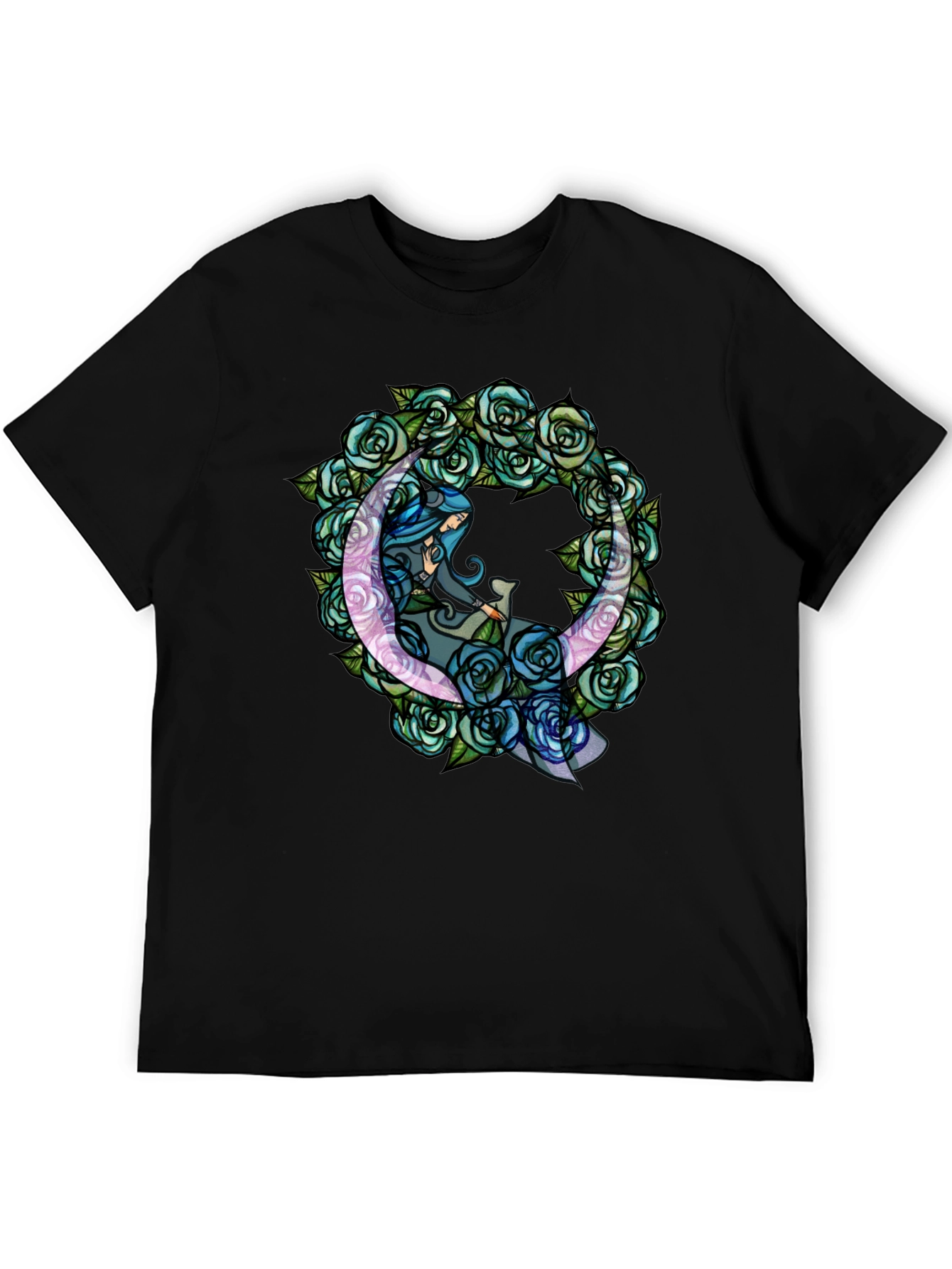 Black Mystic Moon & Roses Graphic T-Shirt - Black view 5