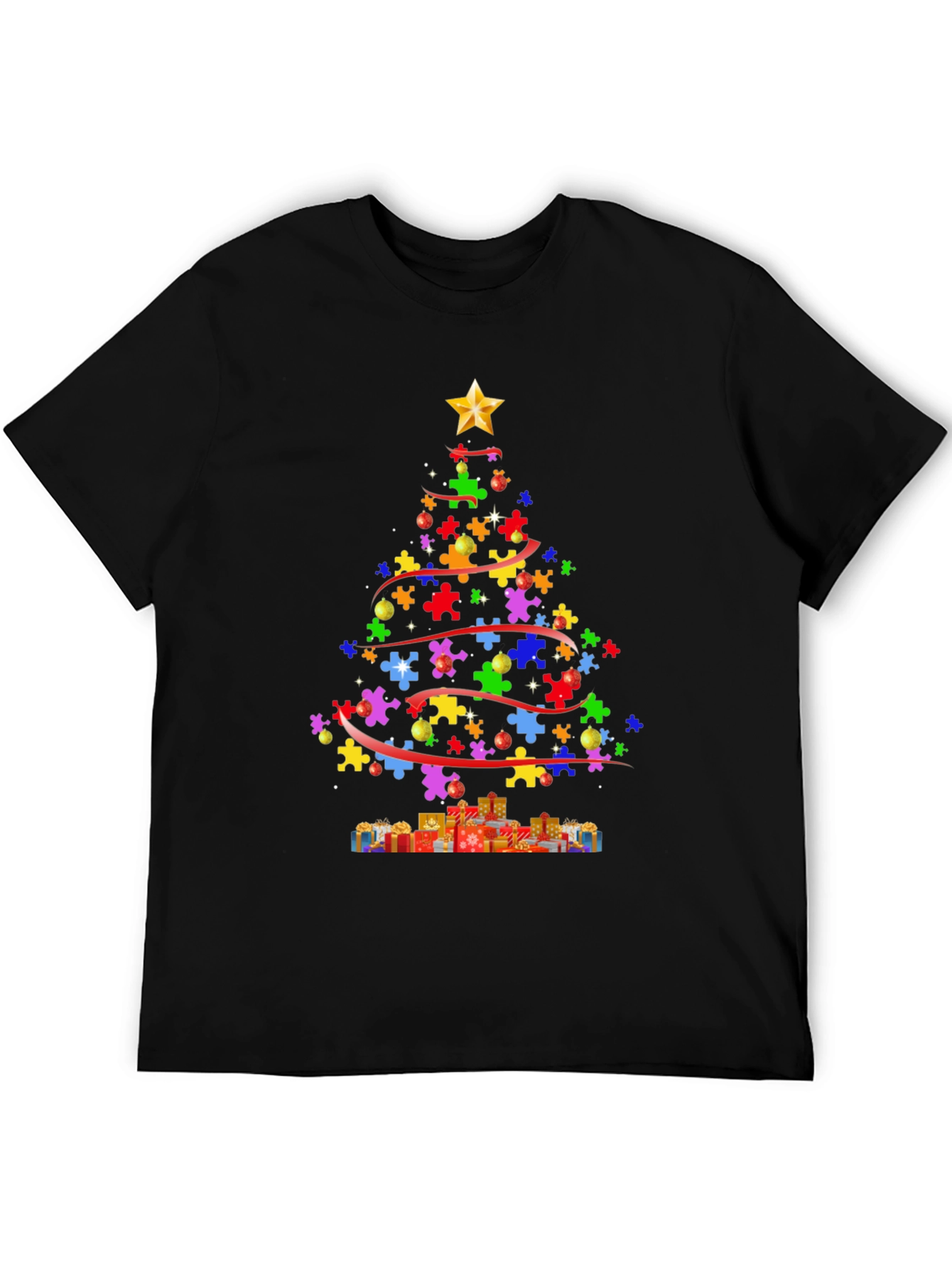 Black Puzzle Piece Christmas Tree T-Shirt view 5