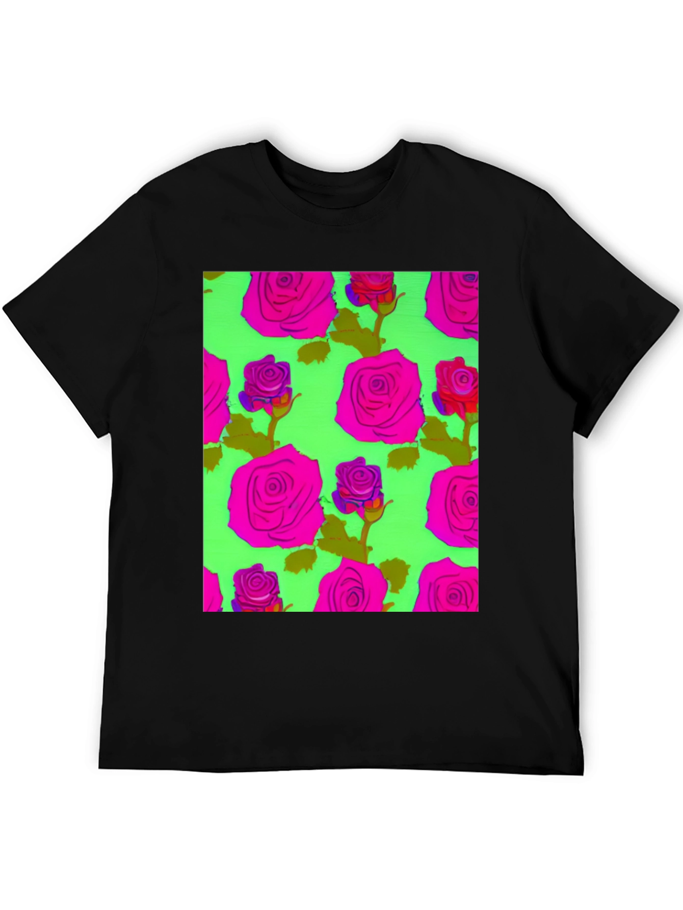 Black Vibrant Floral Rose Pattern Tee - Trendy Graphic T-Shirt view 5