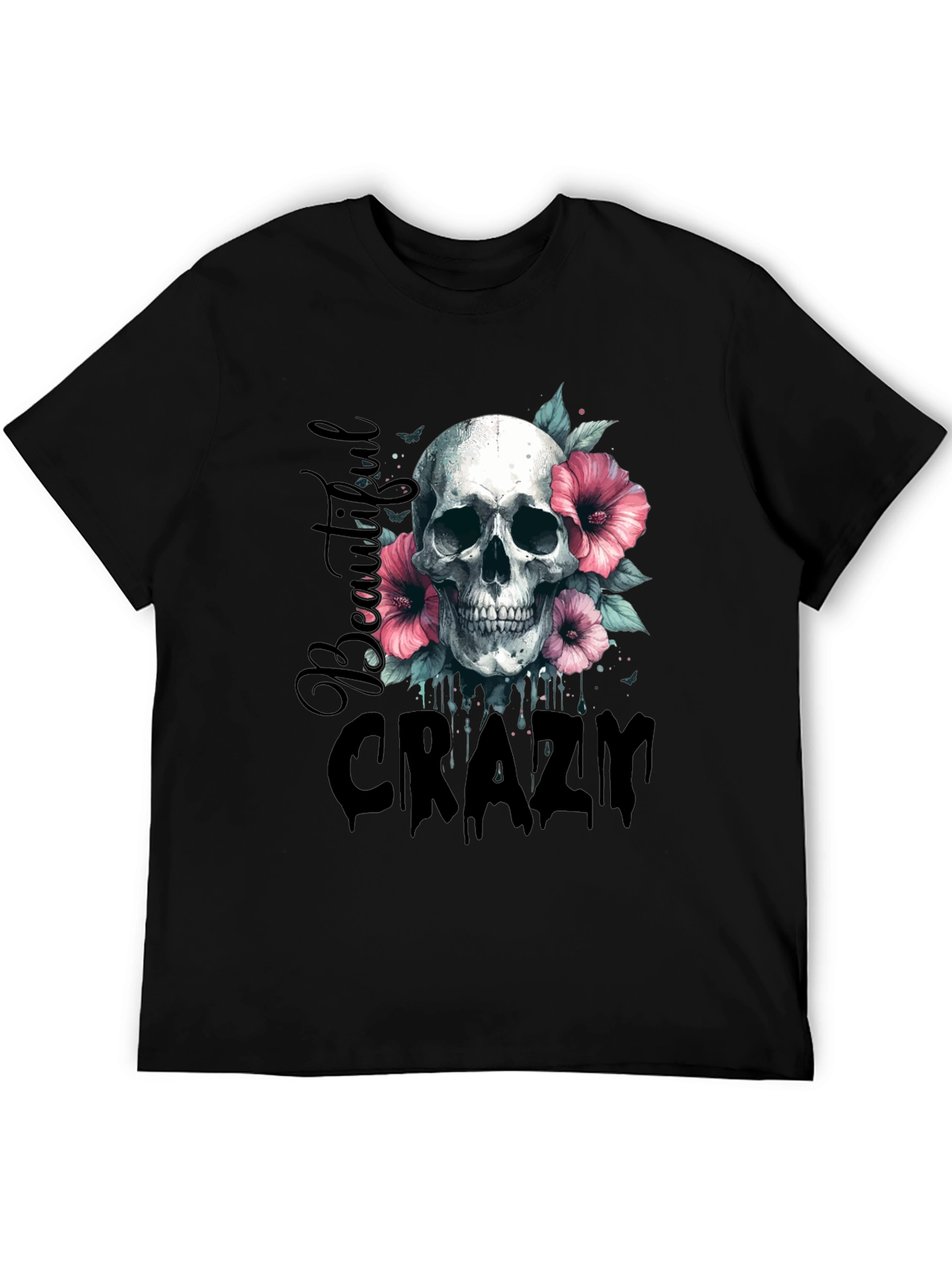 Black Skull & Flowers Graphic Tee - Beautiful Crazy Design view 5