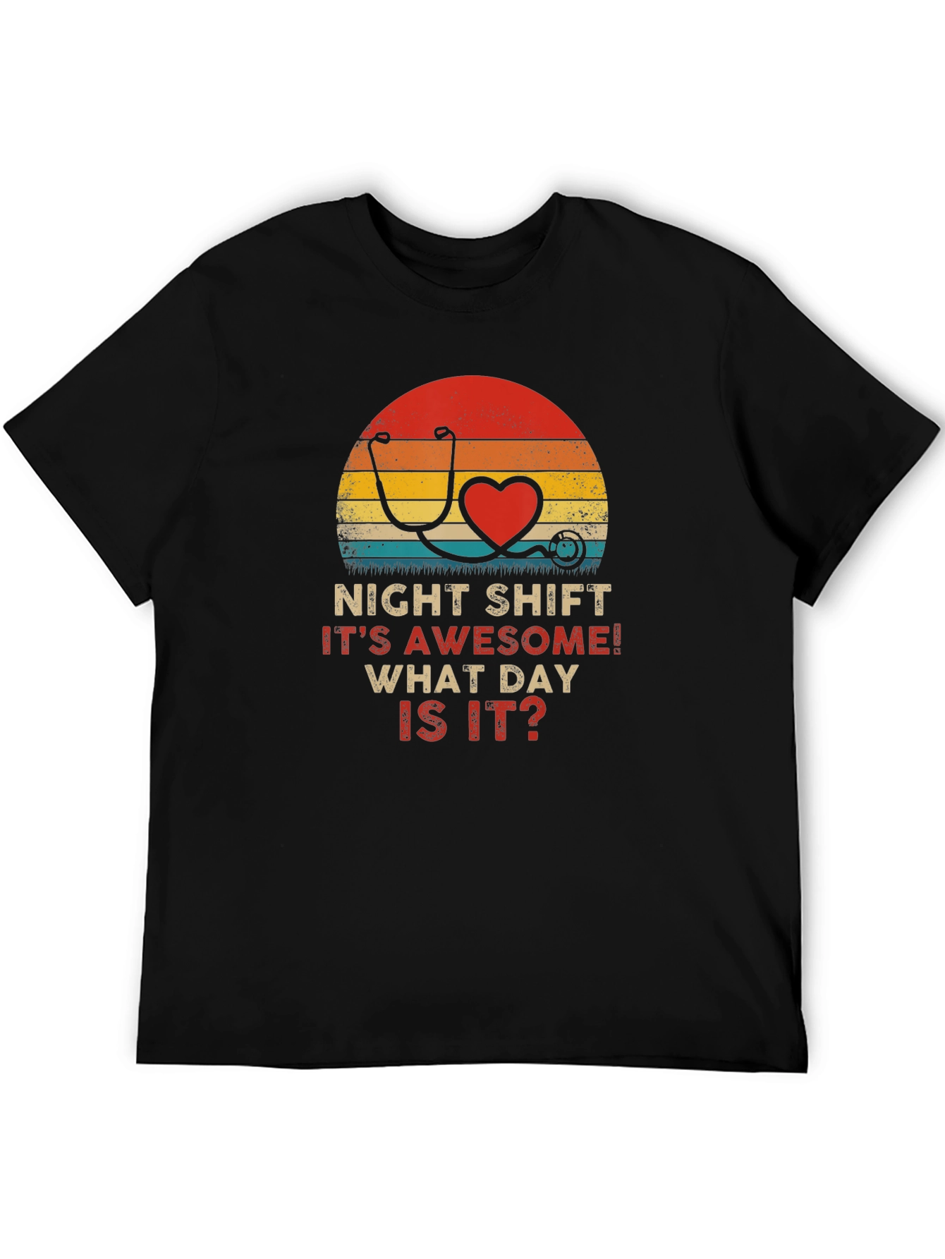 Black Night Shift Nurse Stethoscope Heart Retro T-Shirt view 5