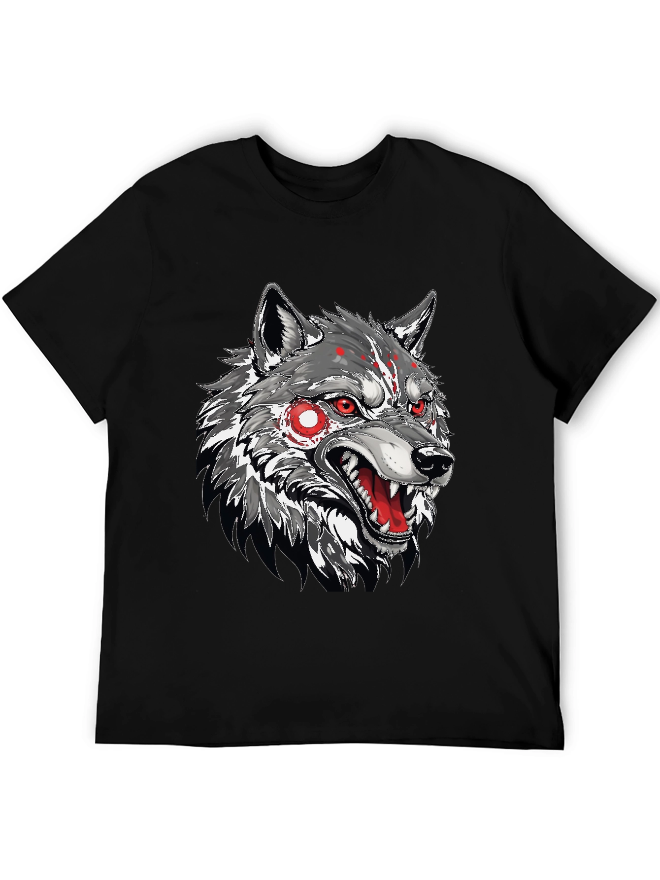 Black Men's Black T-Shirt with Wolf Graphic view 5